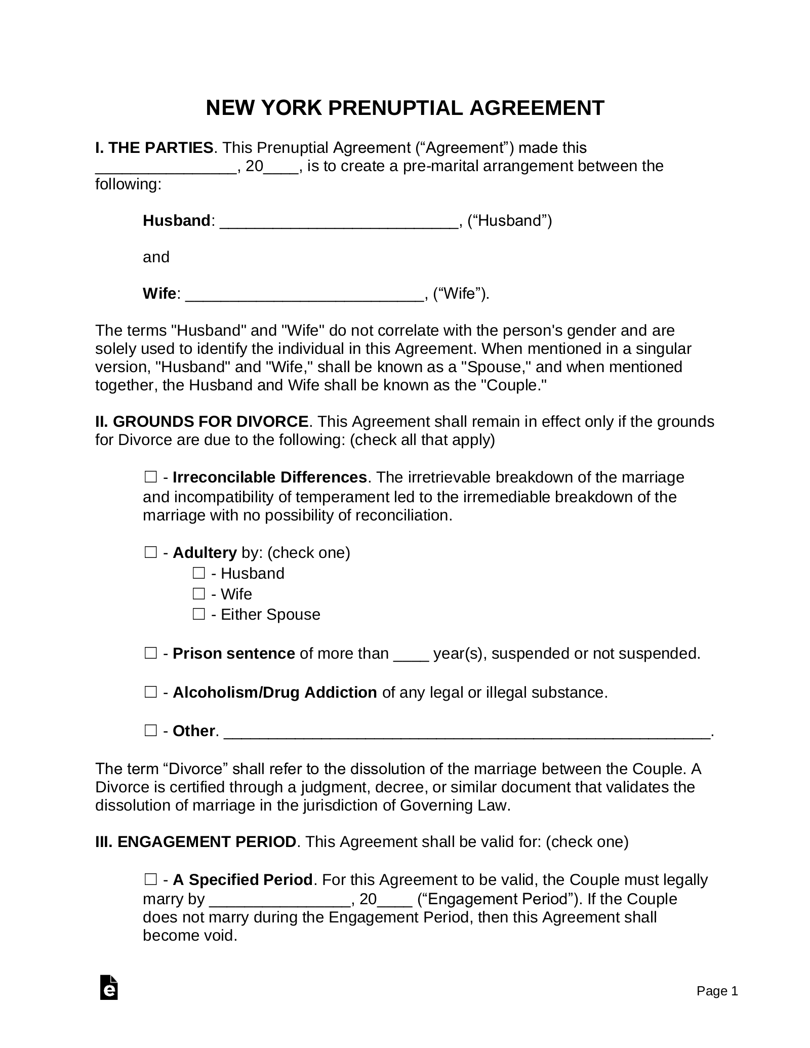 Prenuptial Agreement Template New York