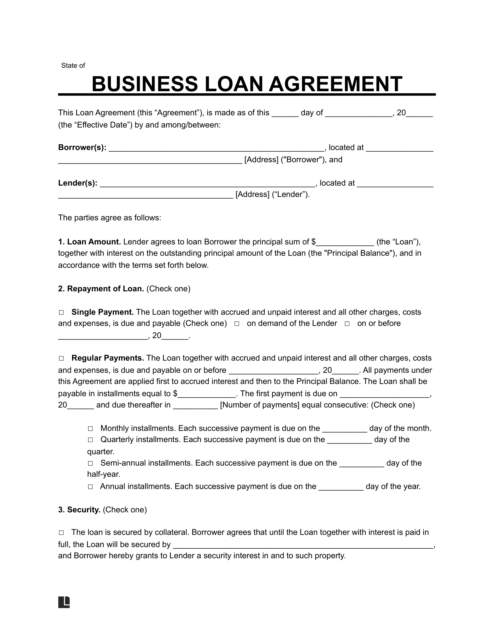 Private Business Loan Agreement Template