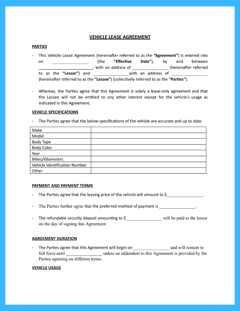 Private Car Lease Agreement Template