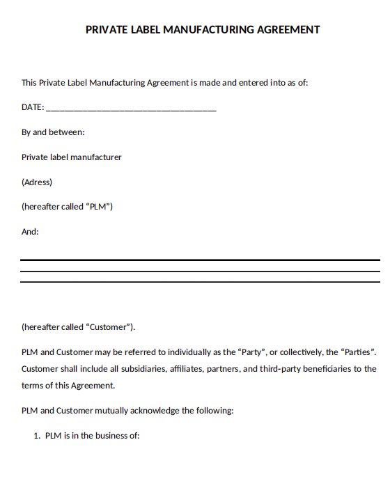 Private Label Manufacturing Agreement Template
