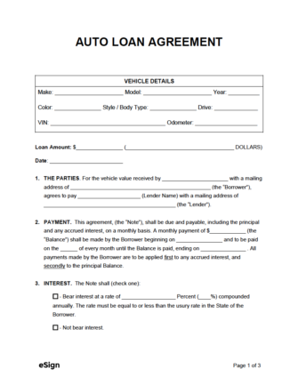 Private Party Car Loan Agreement Template