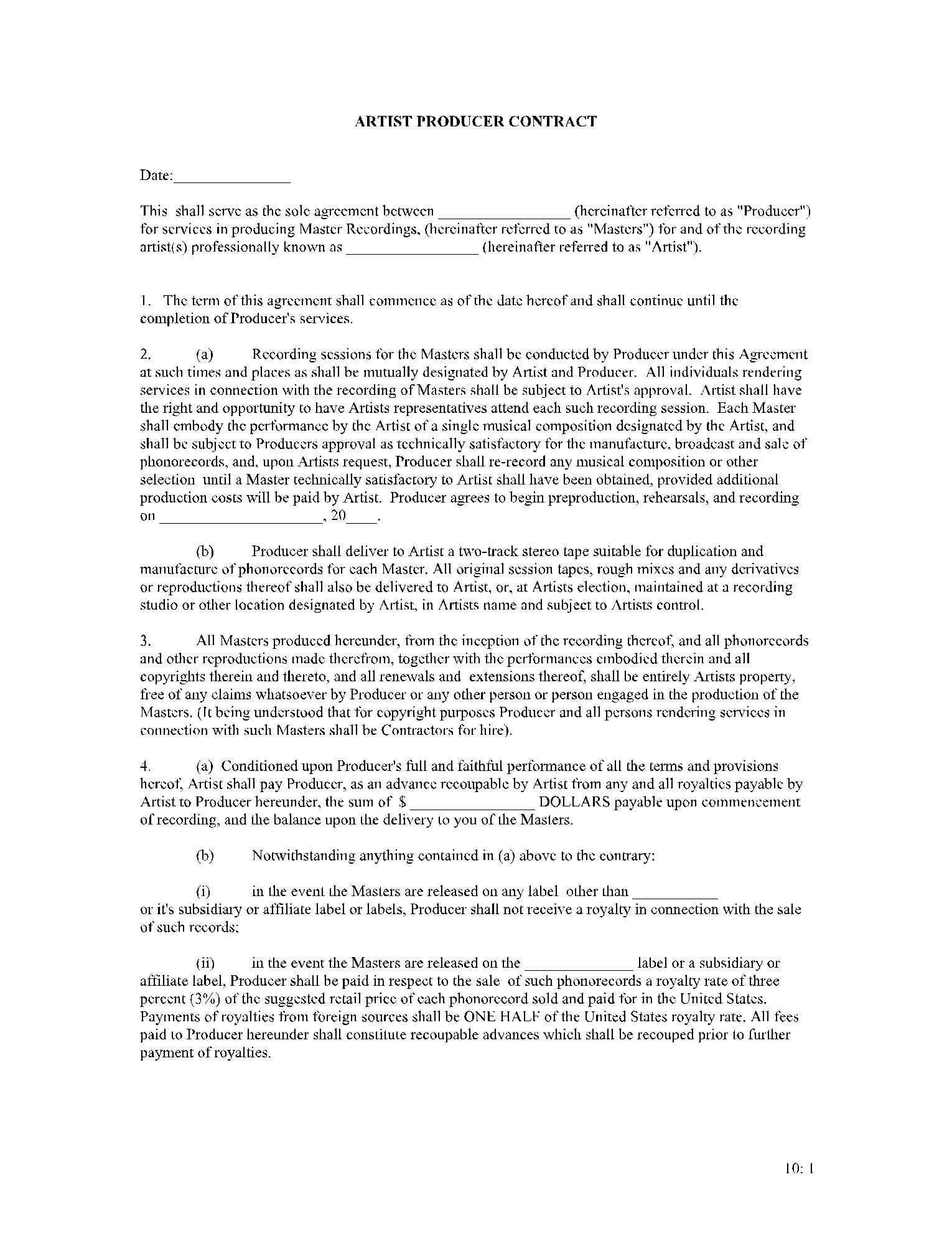 Producer and Artist Production Agreement Template