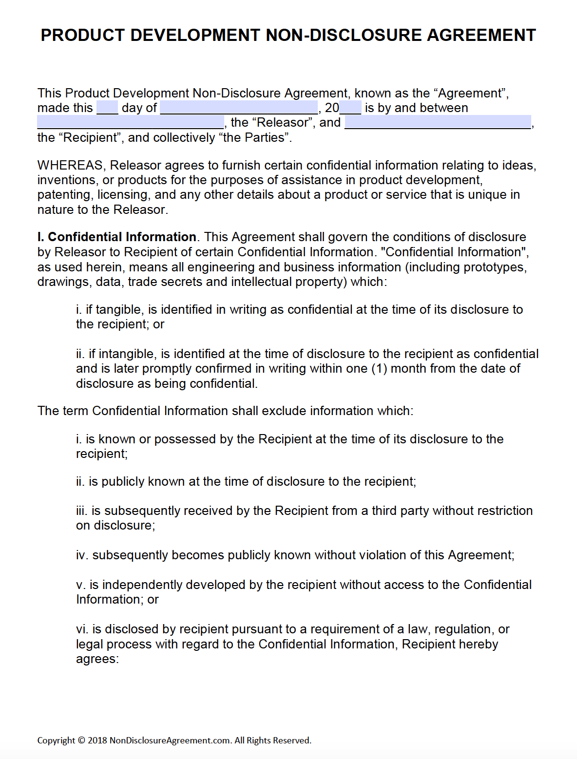 Product Non Disclosure Agreement Template