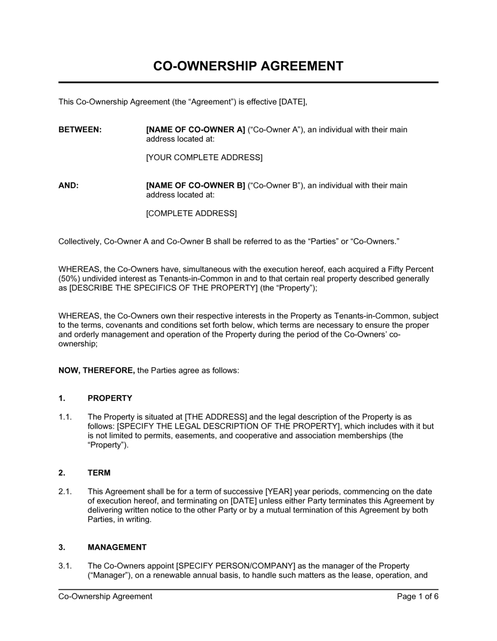 Property Joint Ownership Agreement Template