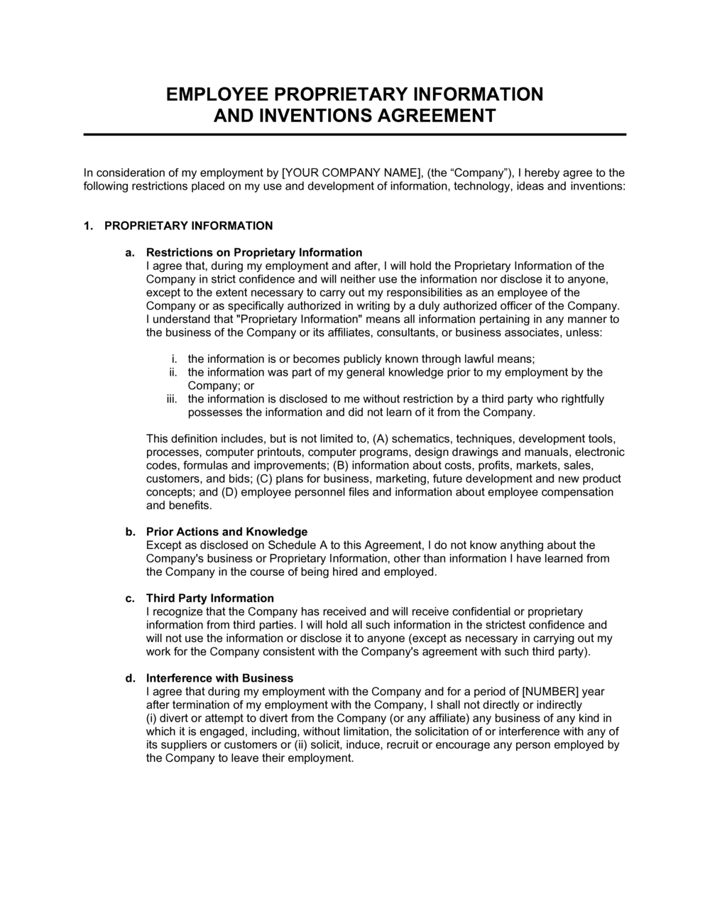 Proprietary Information and Inventions Agreement Template
