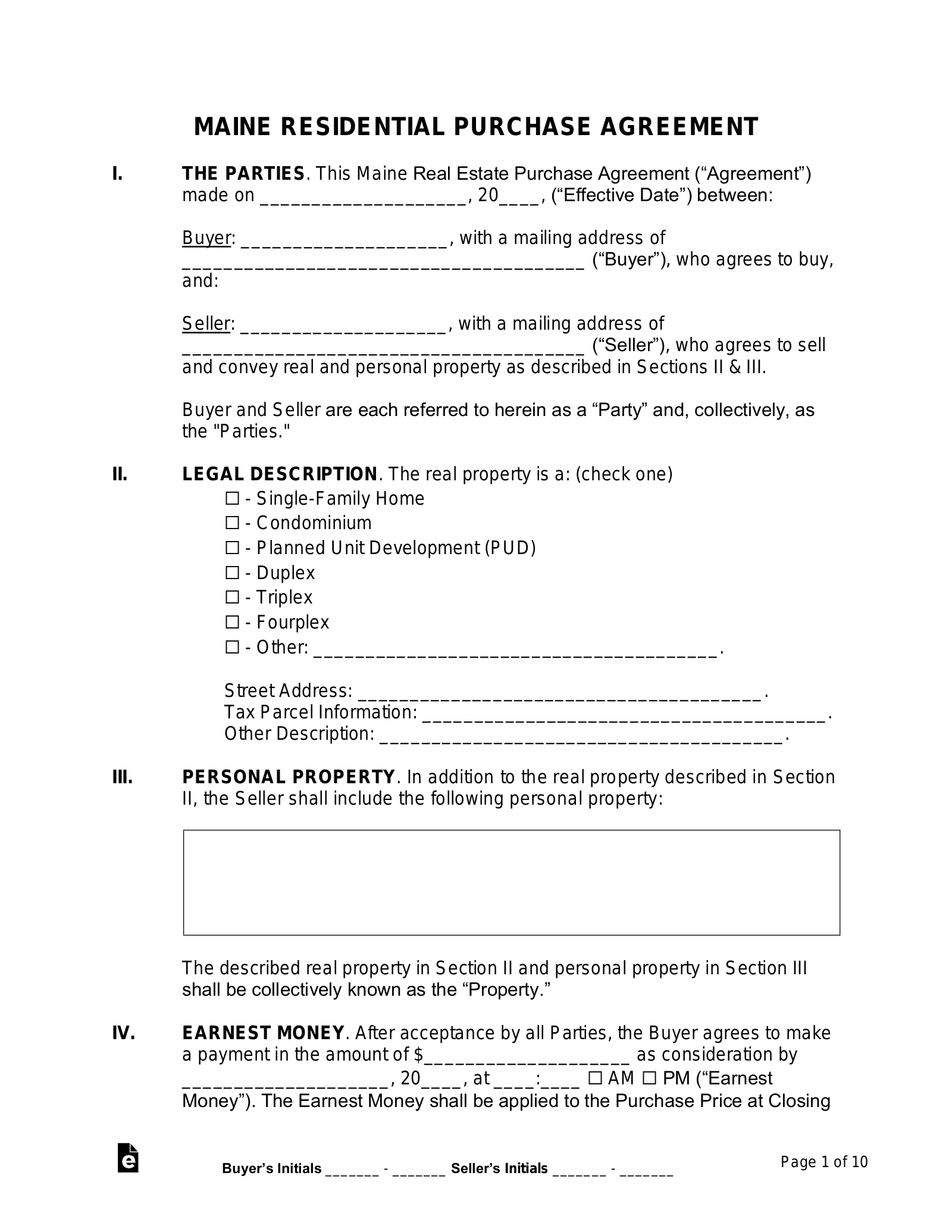 purchase and sale agreement template maine