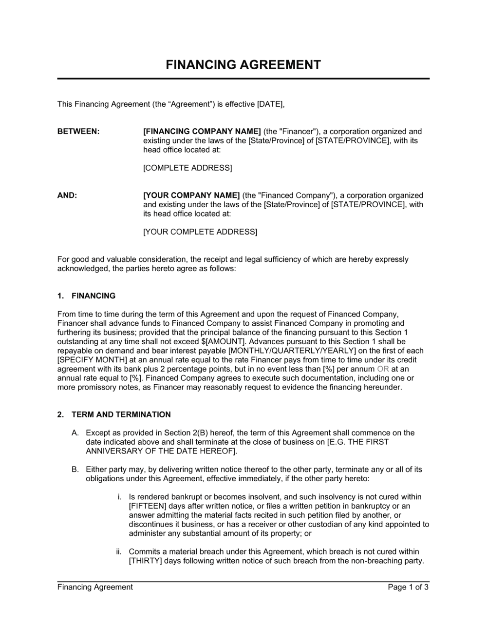 Purchase Order Financing Agreement Template