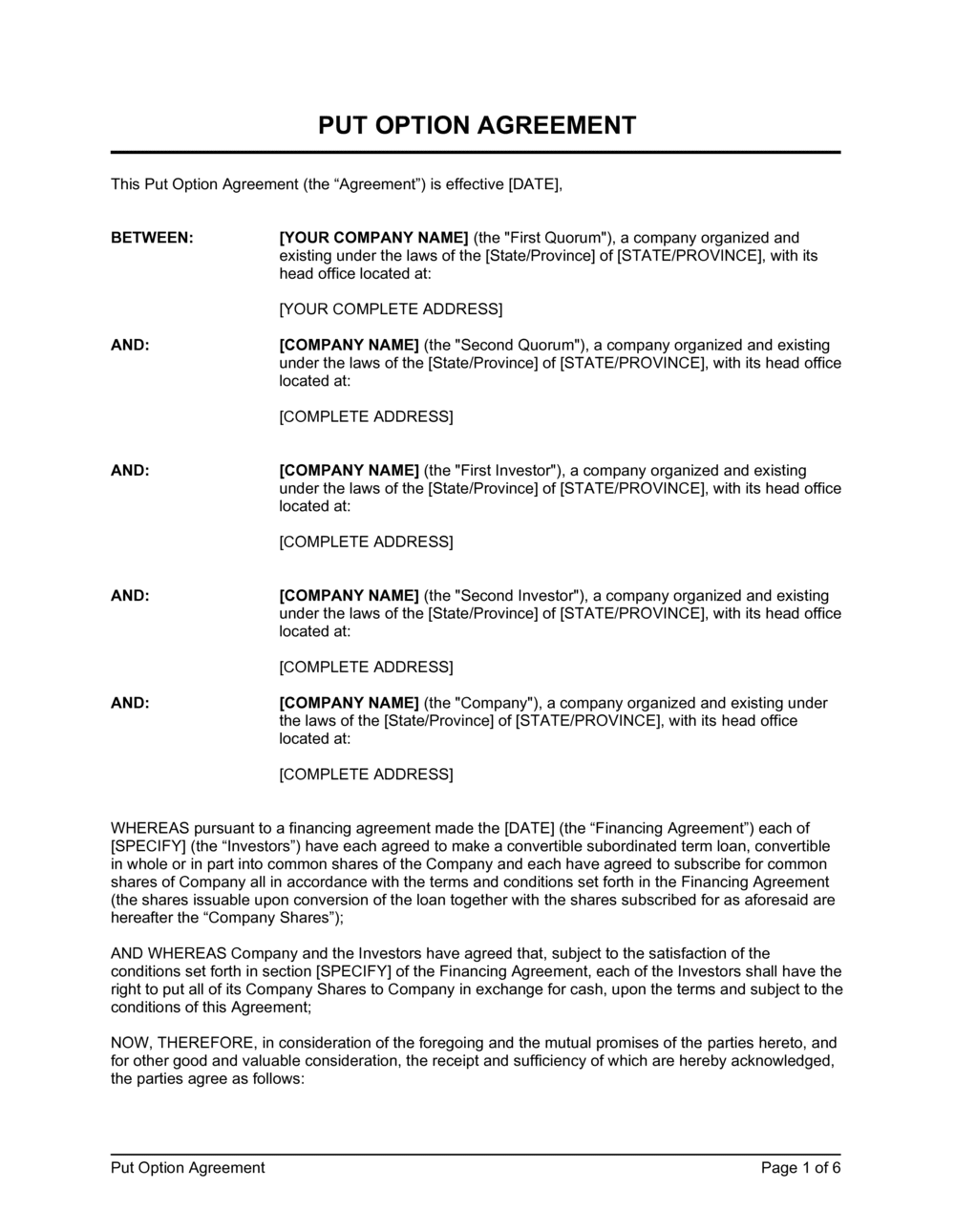 Put and Call Option Agreement Template