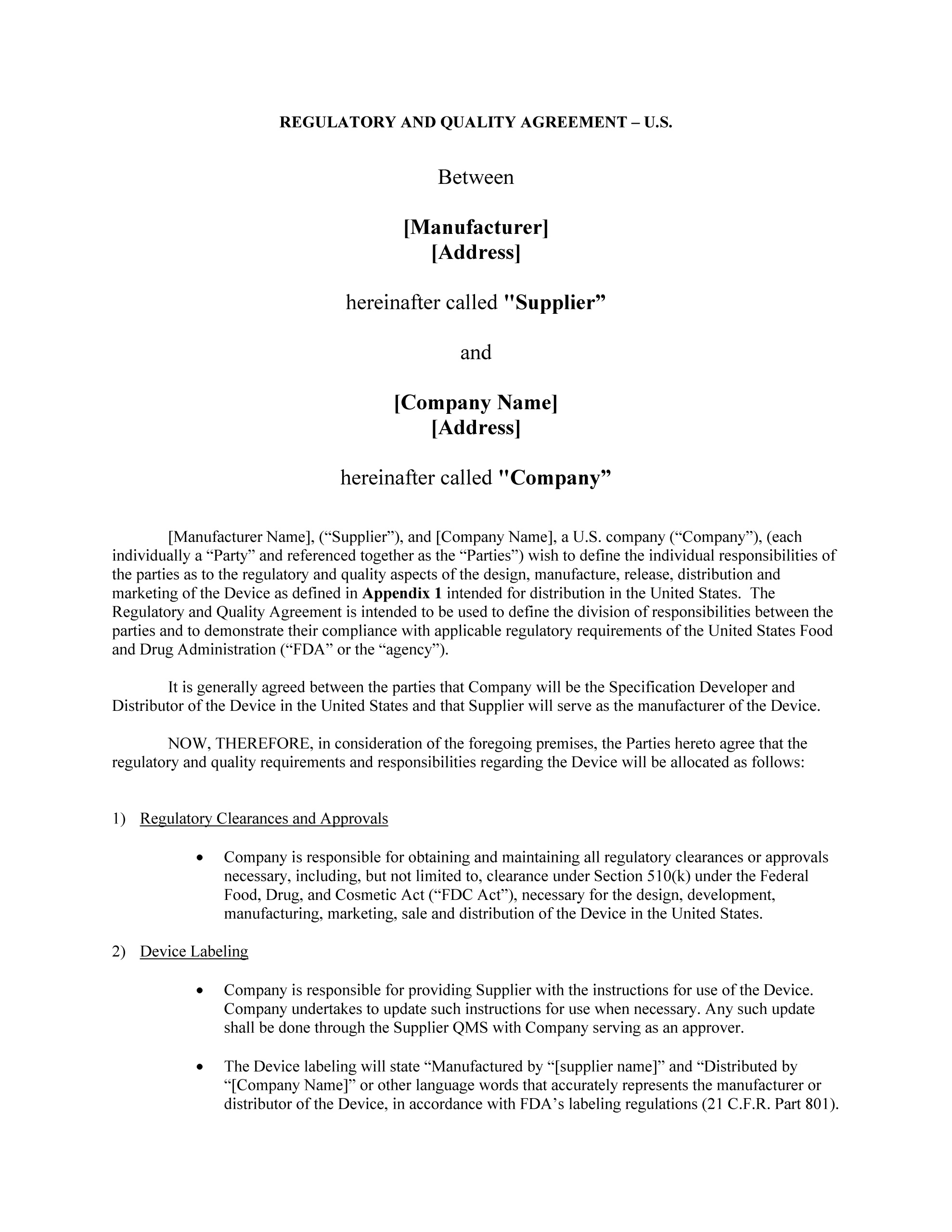 Quality Agreement Template Medical Devices