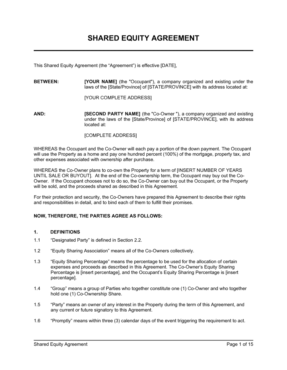 Real Estate Equity Share Agreement Template