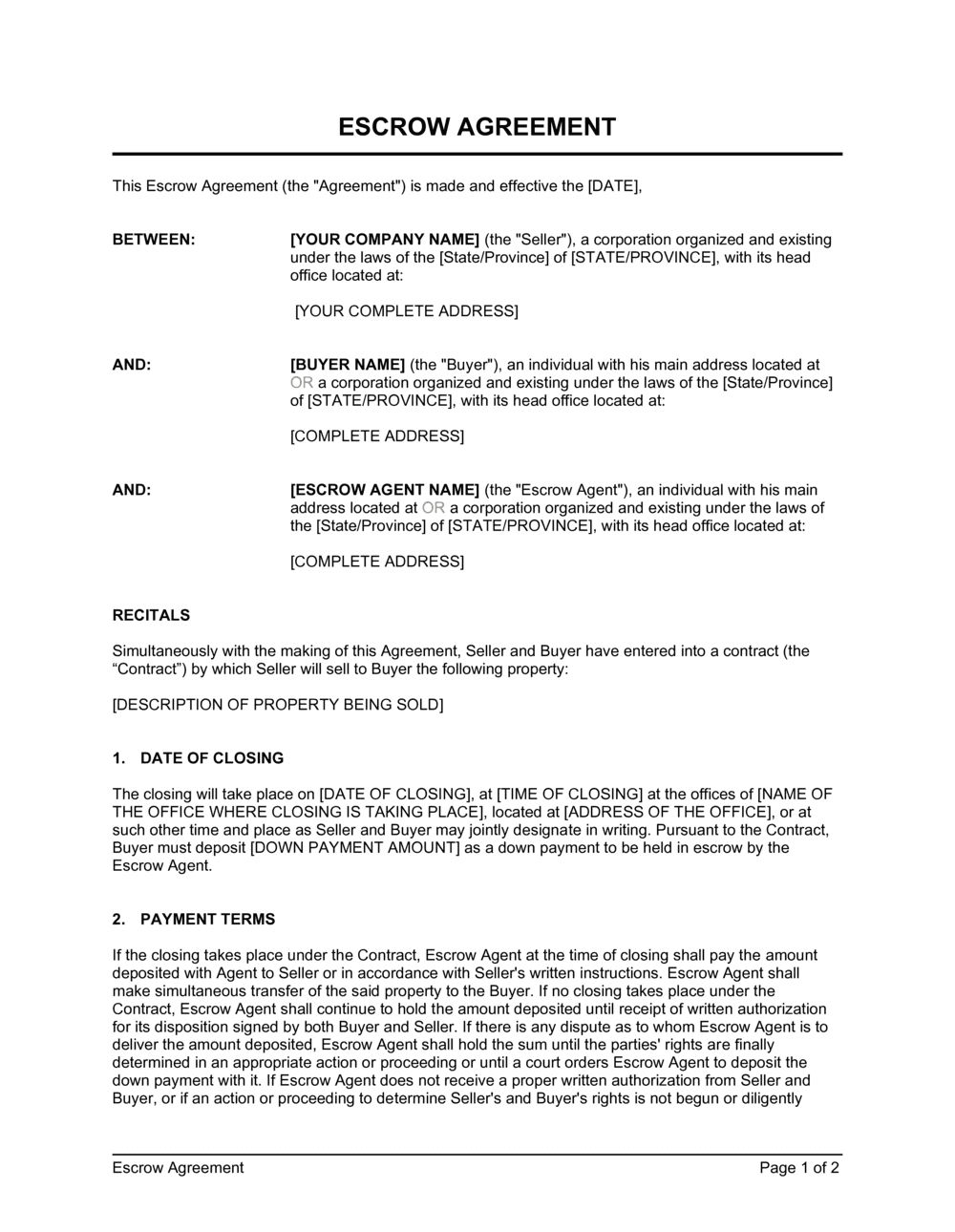 Real Estate Escrow Agreement Template