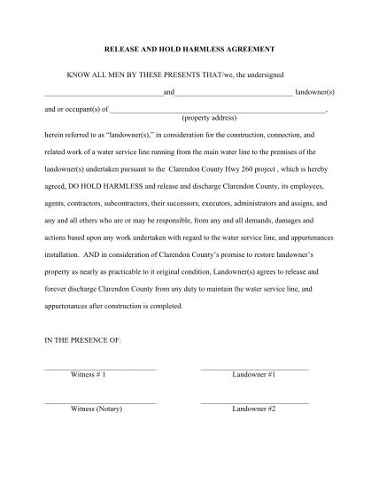 Real Estate Hold Harmless Agreement Template