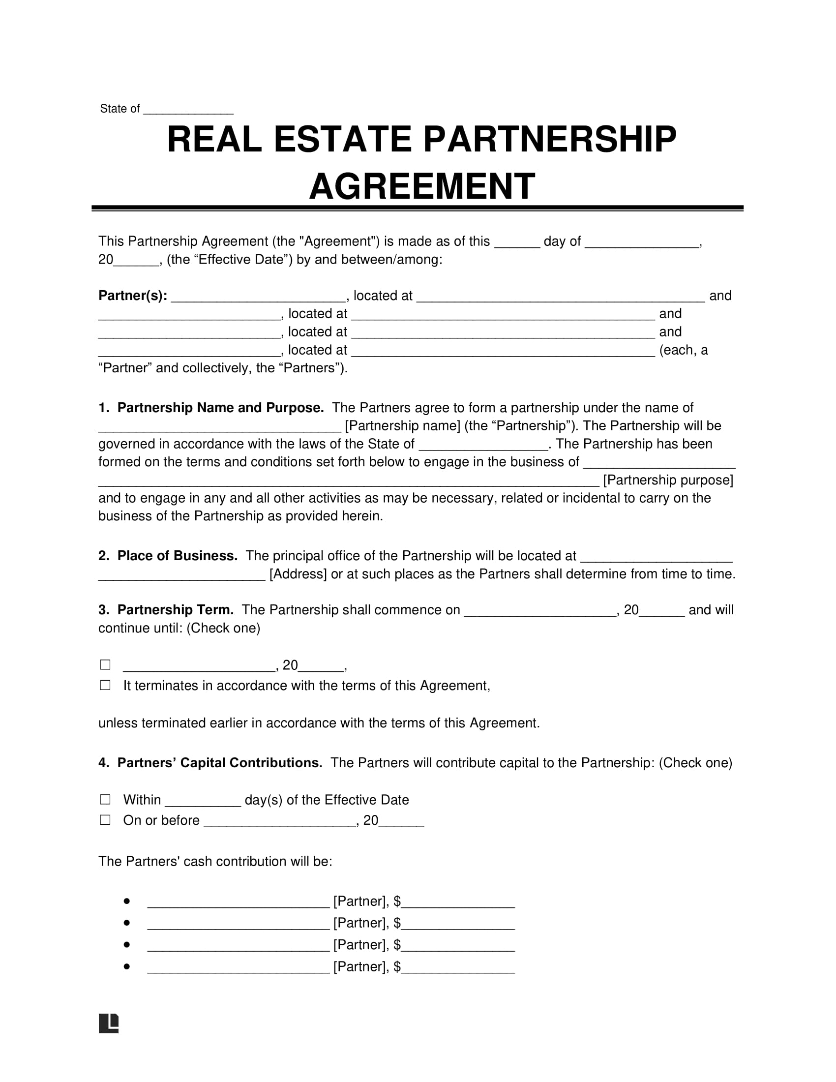 Real Estate Investment Partnership Agreement Template