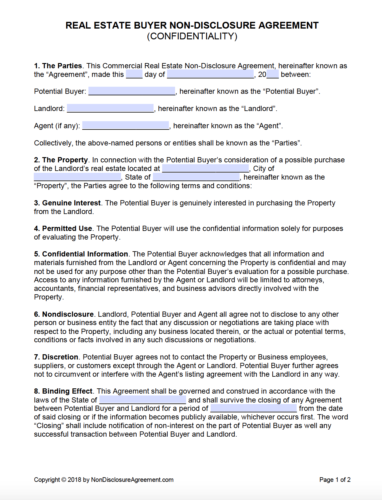 Real Estate Non Disclosure Agreement Template