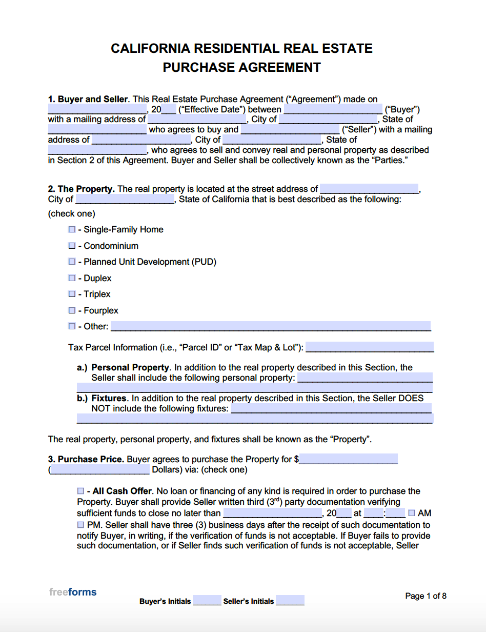 Real Estate Purchase Agreement Template California