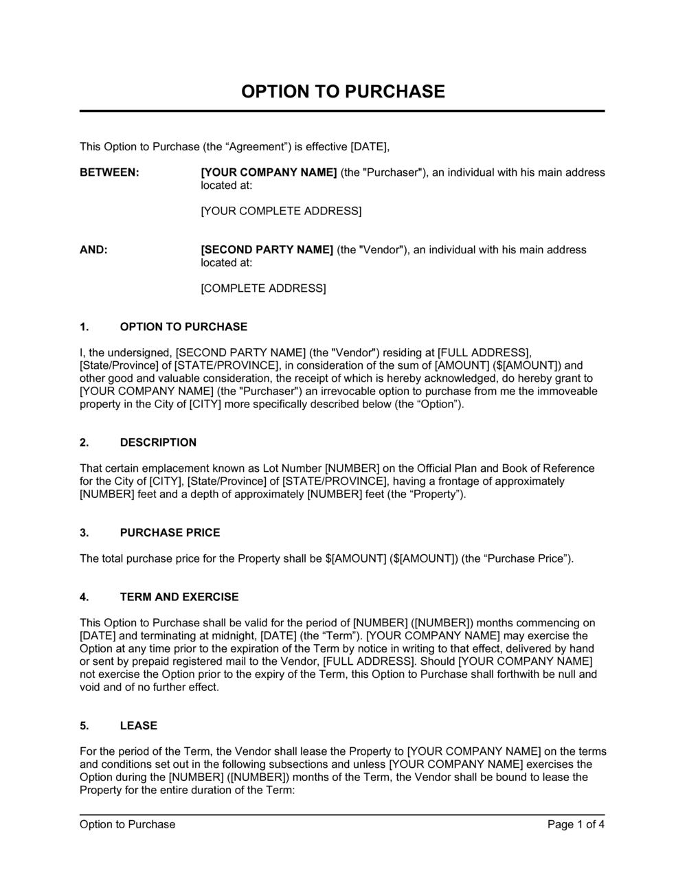 Real Estate Purchase Option Agreement Template