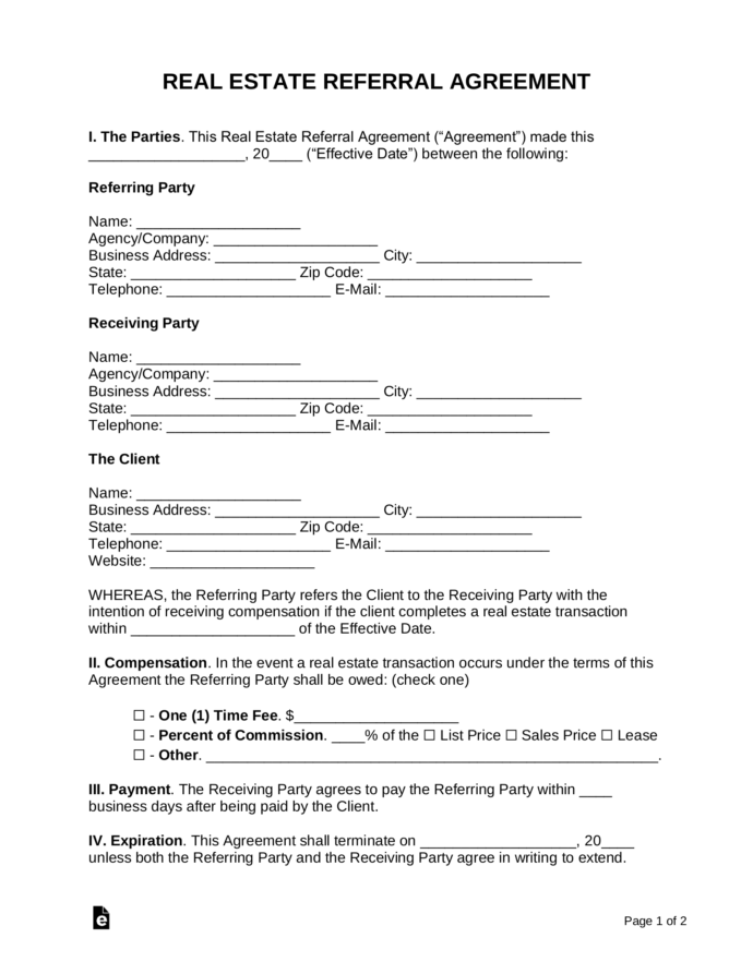 Real Estate Referral Agreement Template