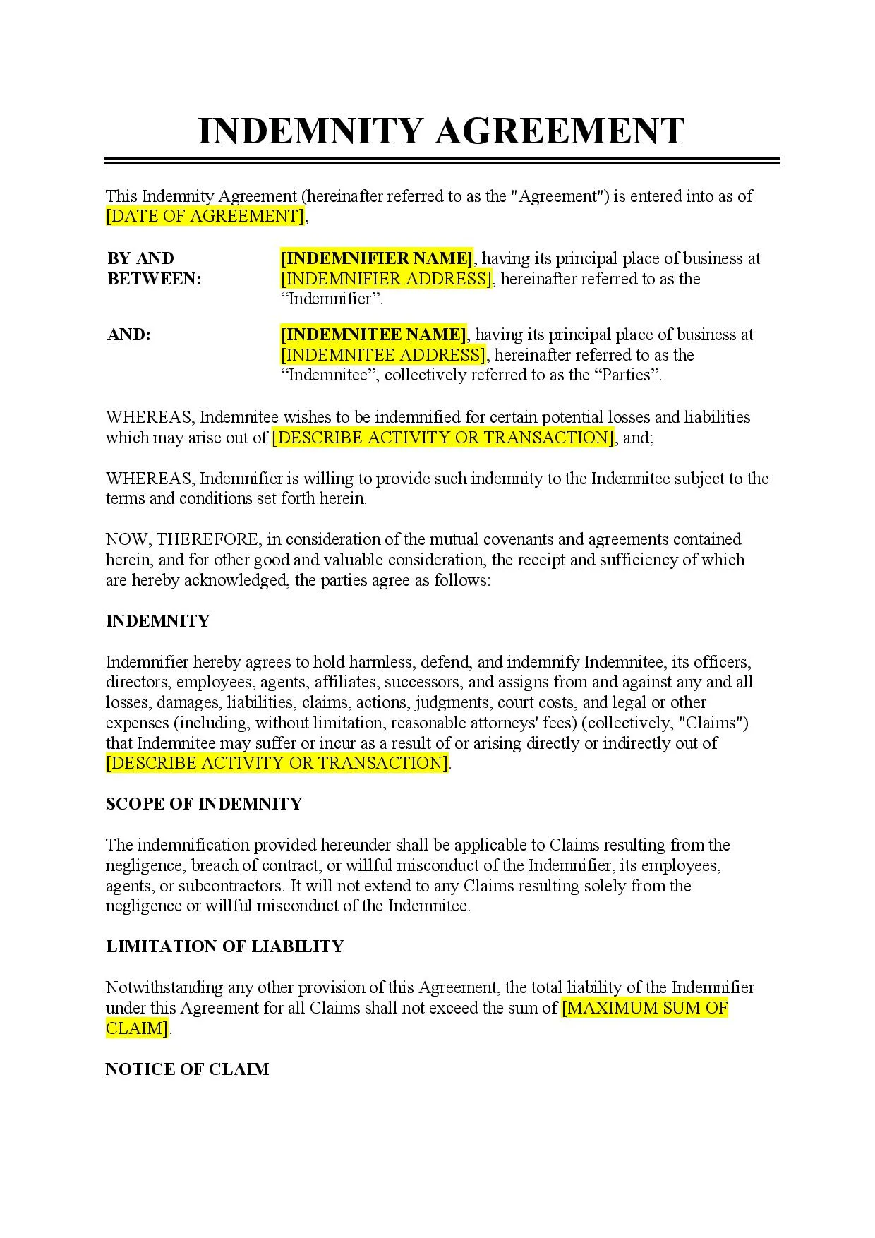 Release and Indemnity Agreement Template