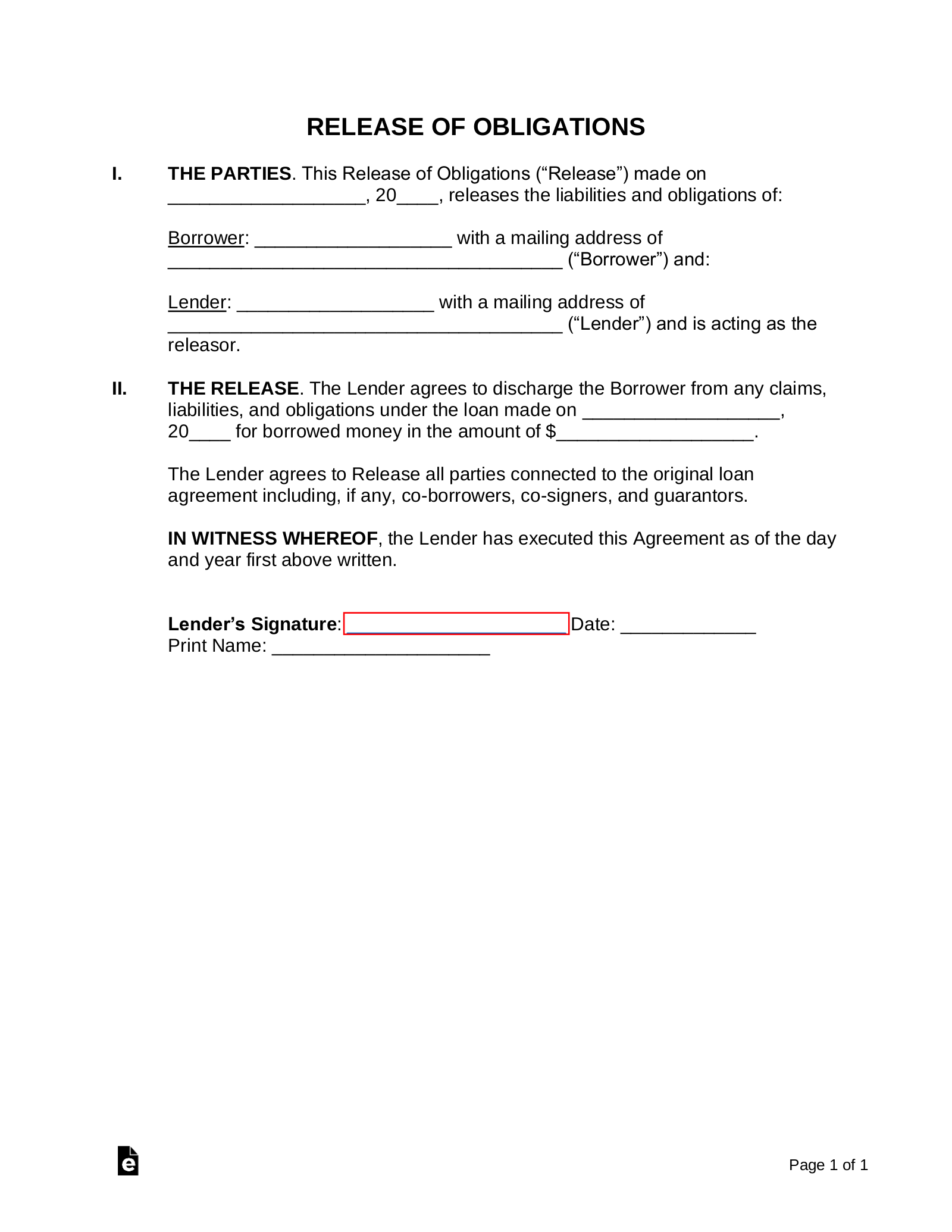Release of Loan Agreement Template
