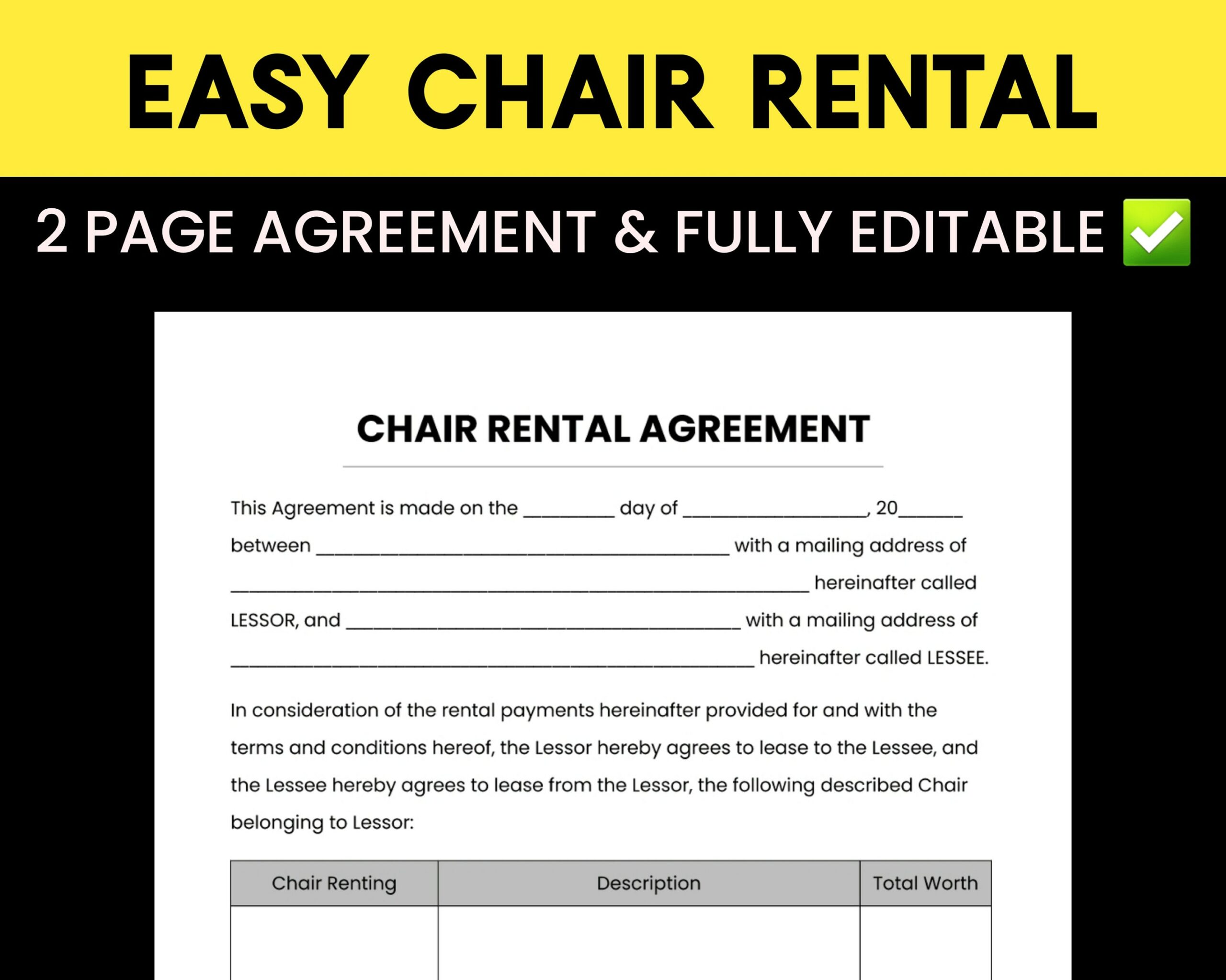 Rent A Chair Agreement Template
