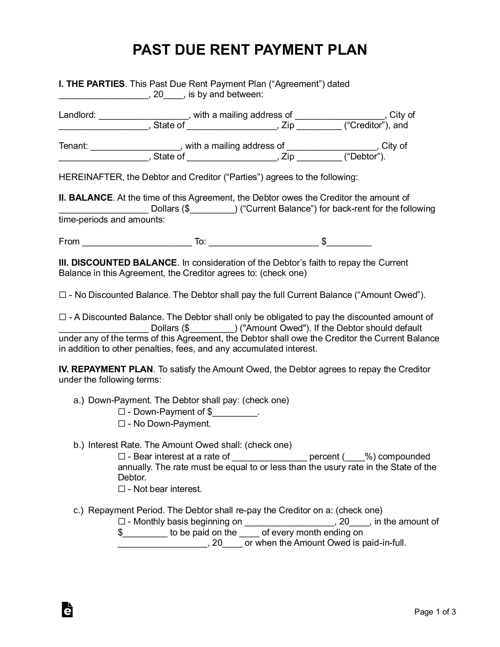 Rent Payment Plan Agreement Template