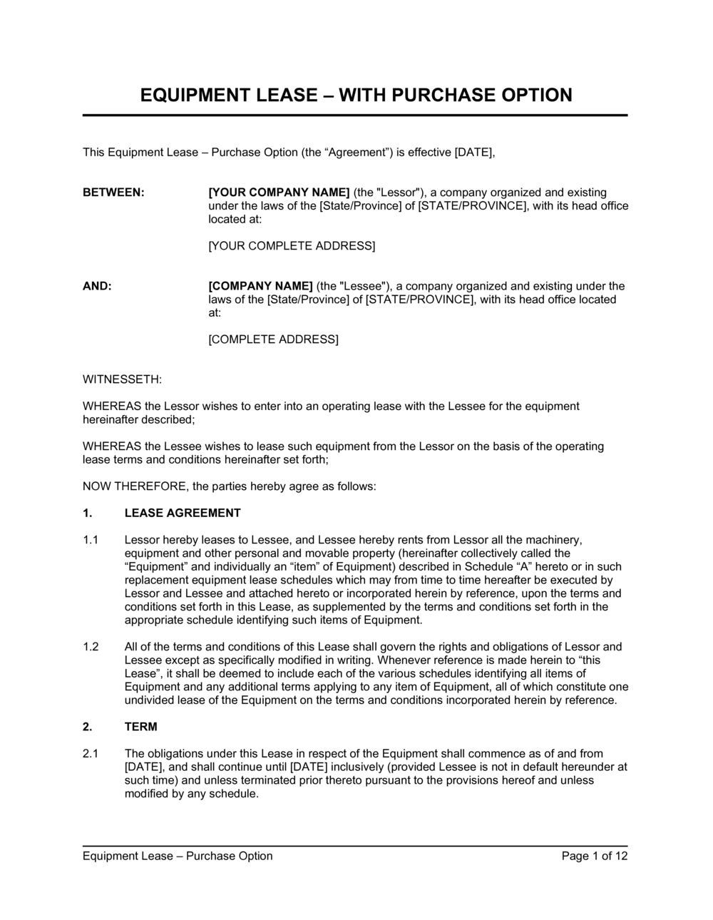 Rent To Own Equipment Agreement Template