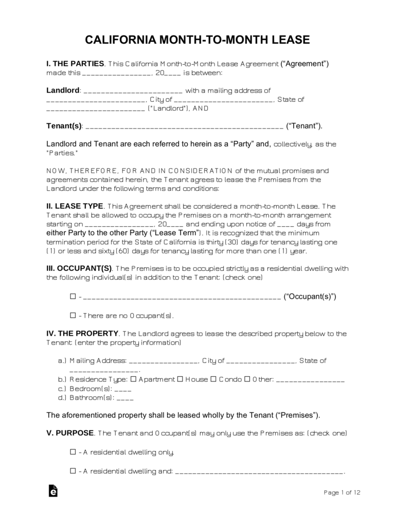 Rental Agreement Template California Month to Month