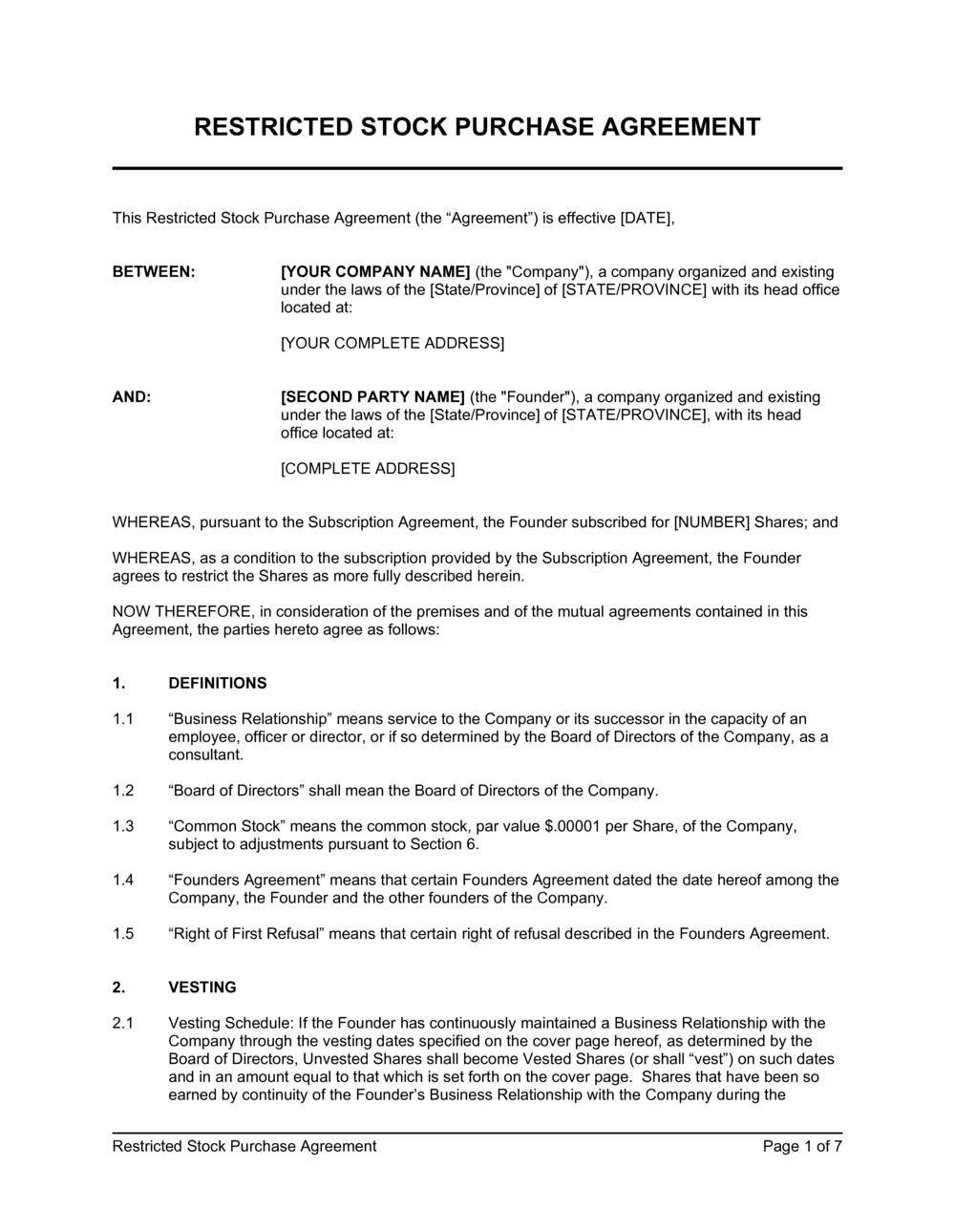 Restricted Stock Purchase Agreement Template