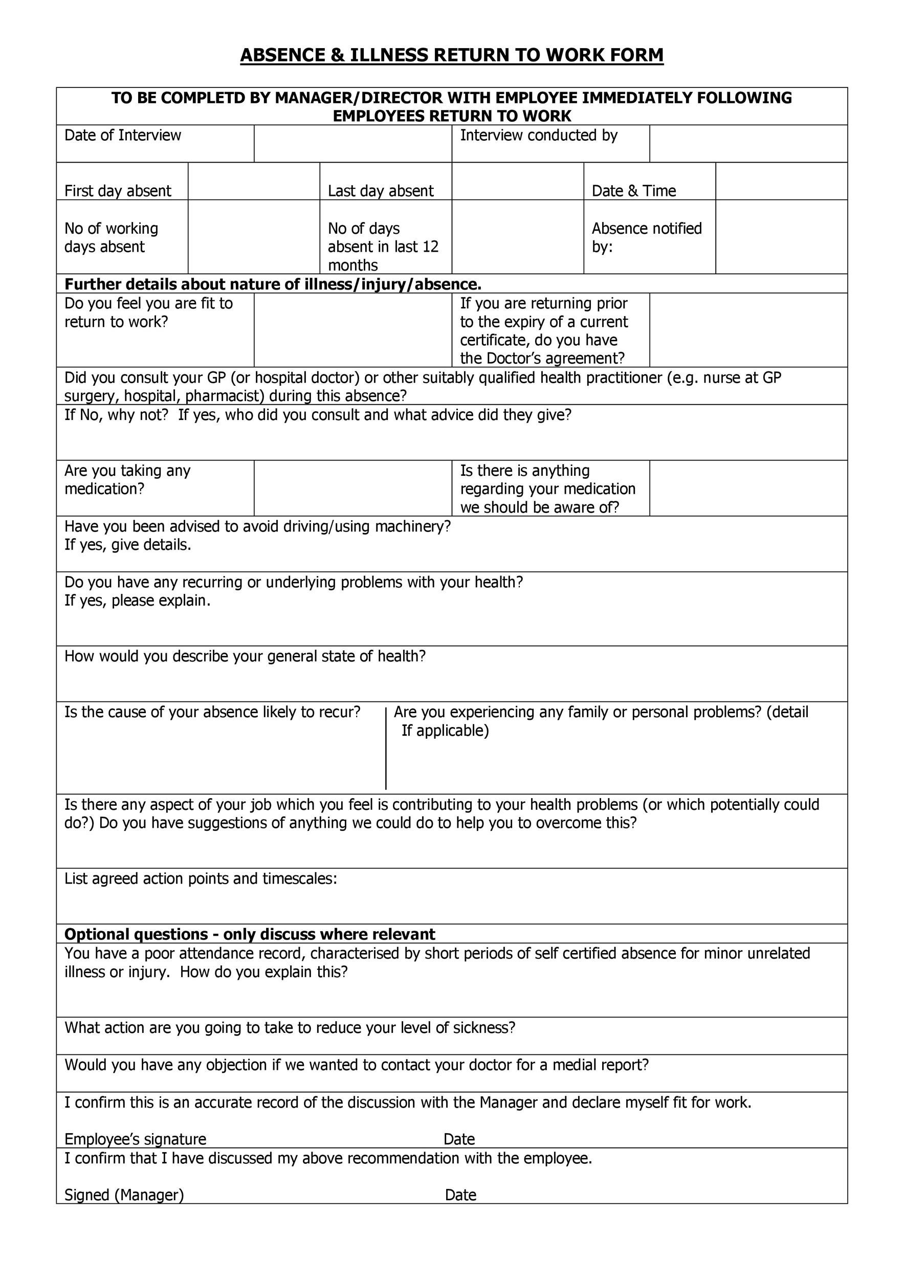 Return To Work Agreement Template