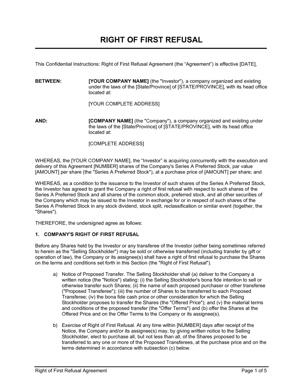 Right Of First Offer Agreement Template