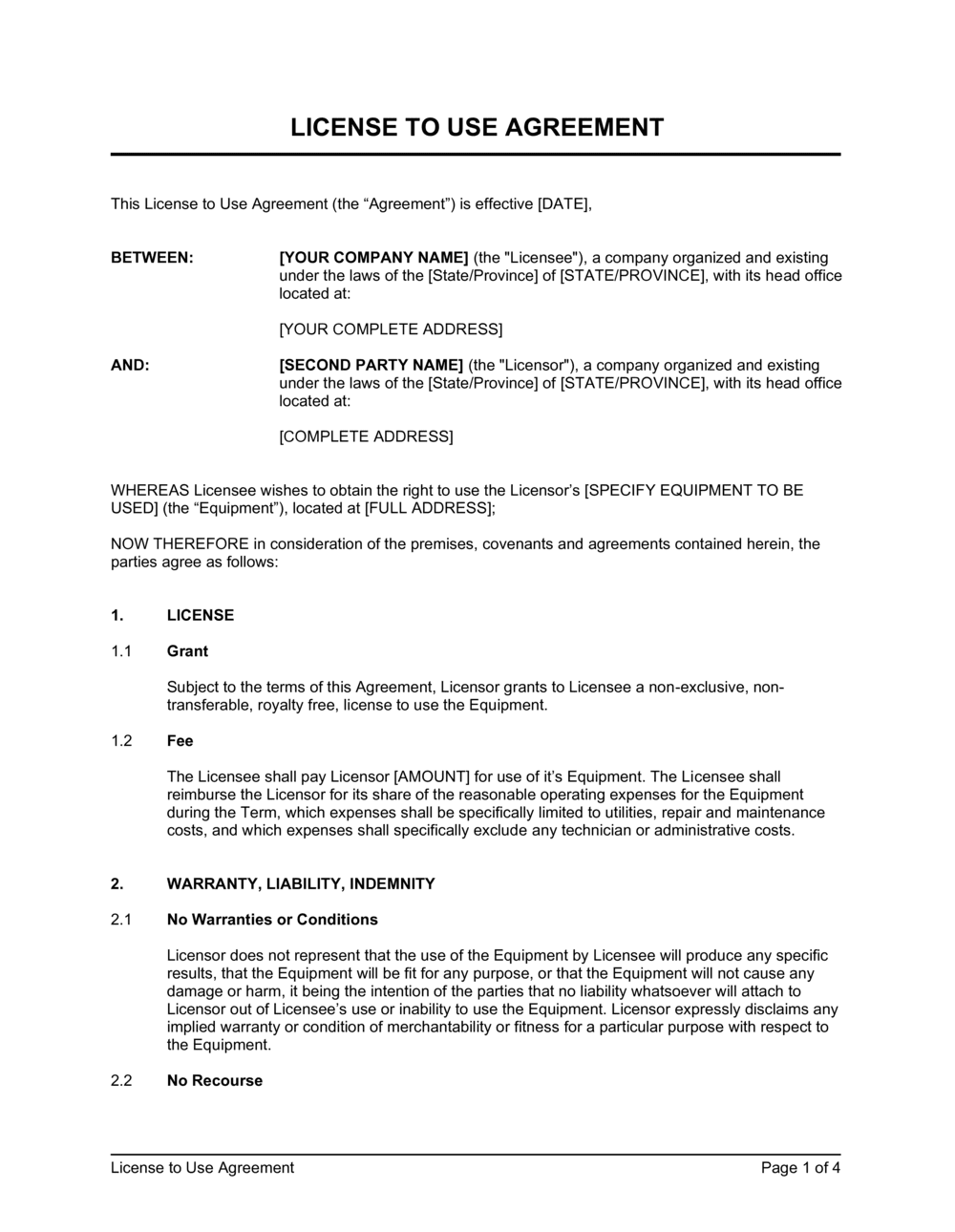 Right To Use Agreement Template