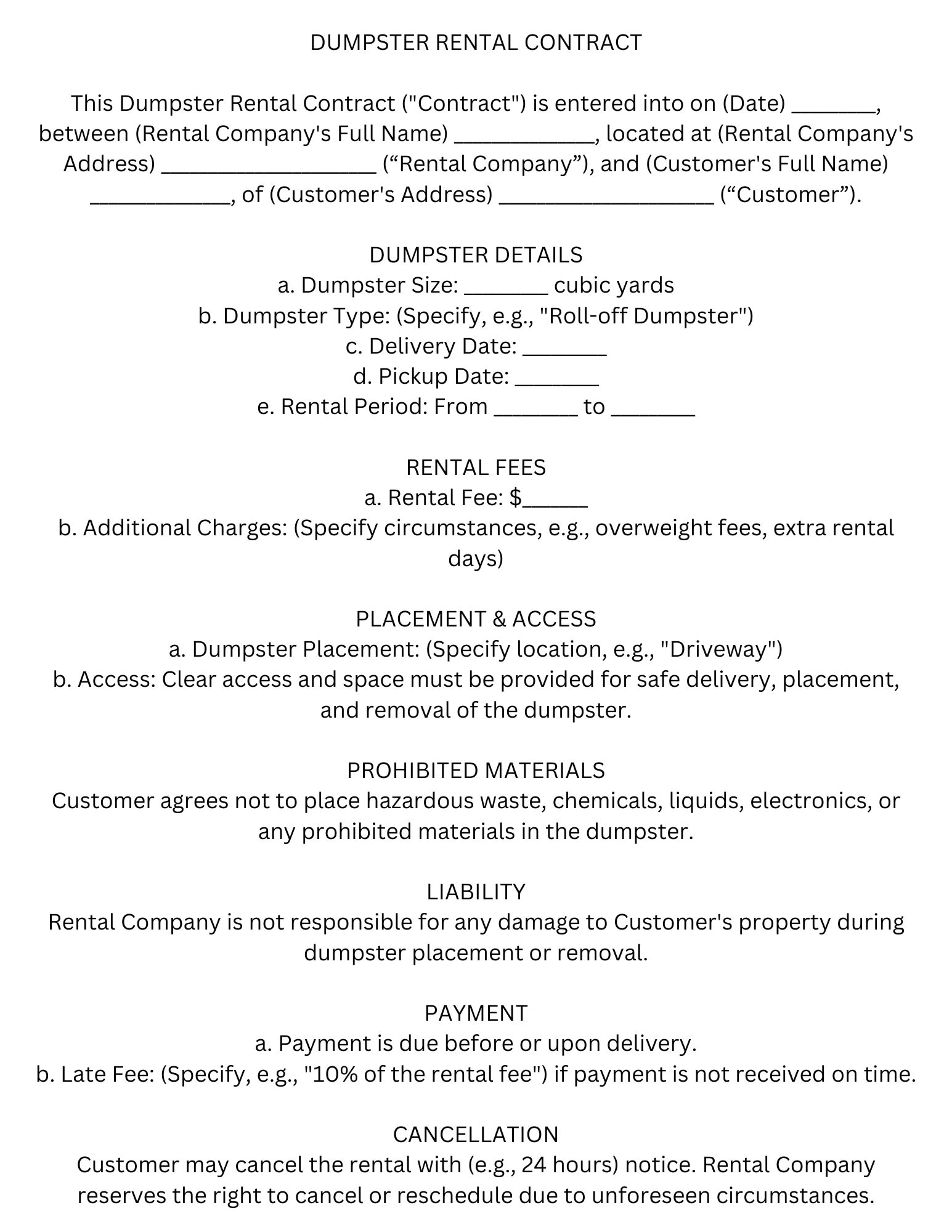 Roll Off Dumpster Rental Agreement Template