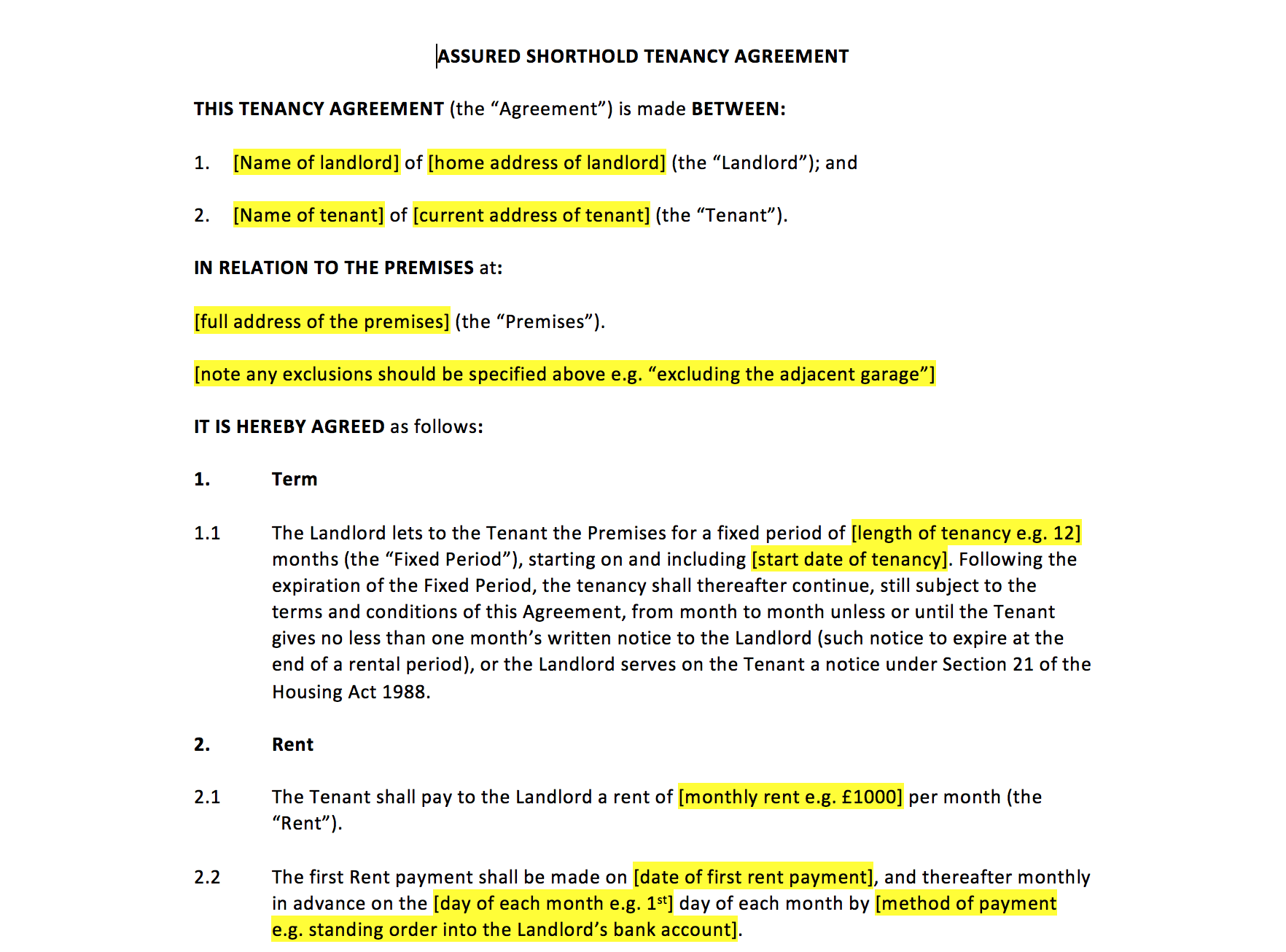 Rolling Tenancy Agreement Template UK