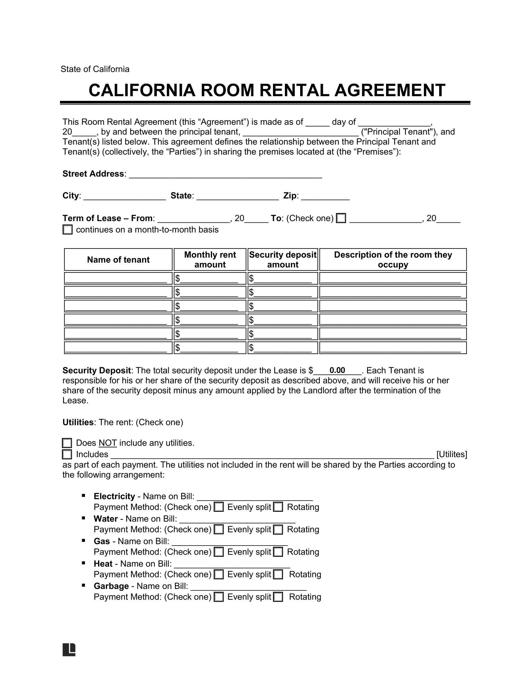 Room Rental Agreement Template California