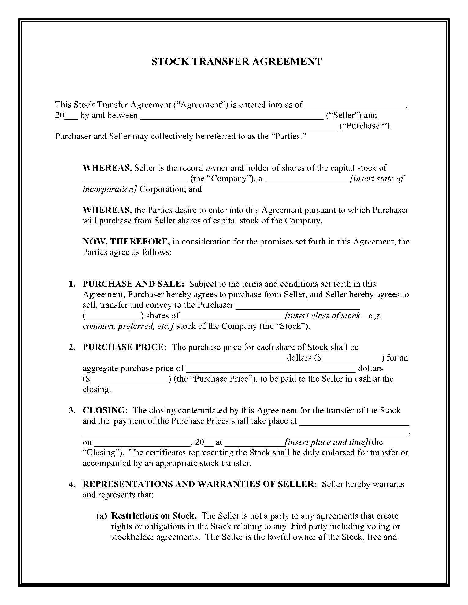 S Corp Stock Transfer Agreement Template
