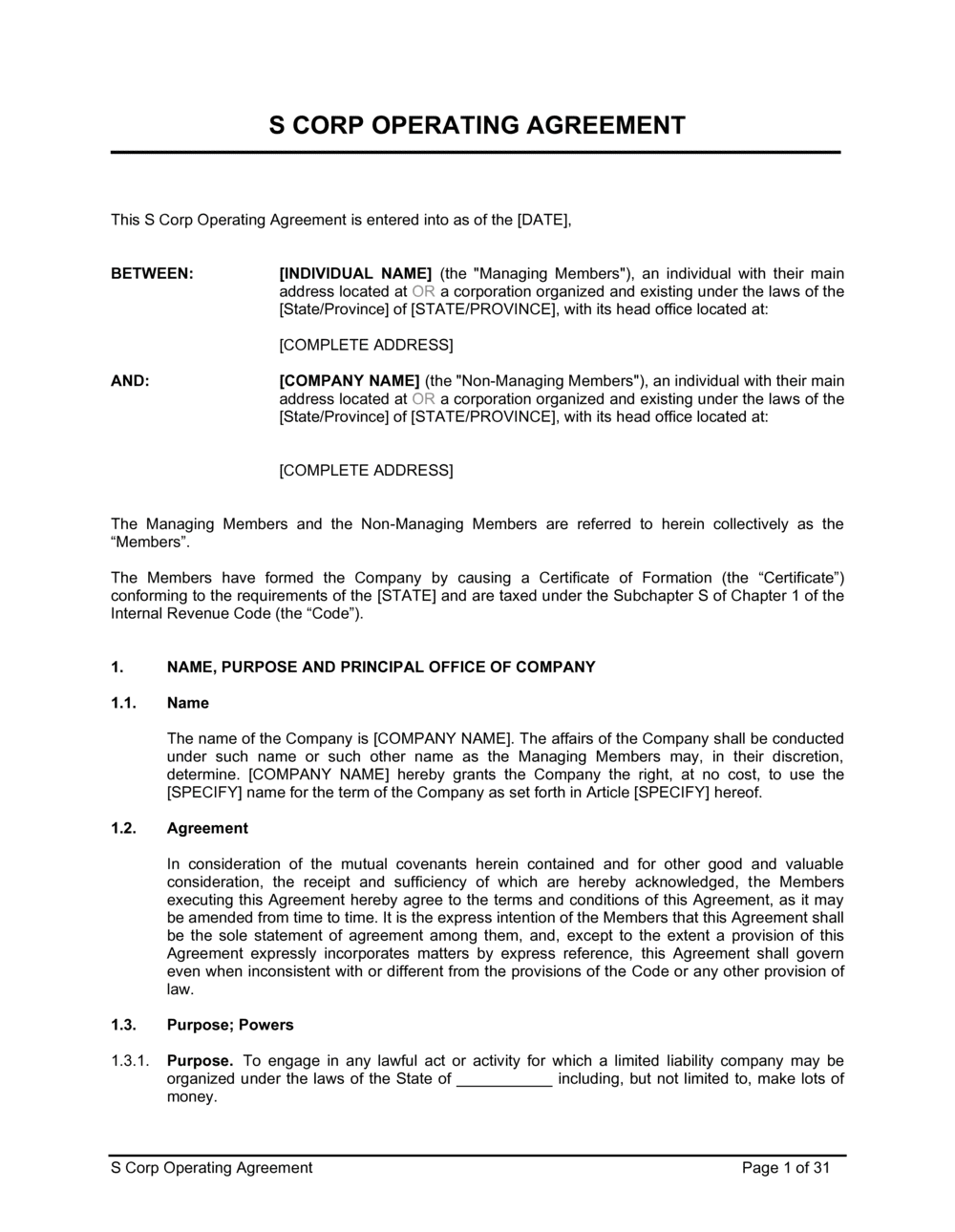 S Corporation Shareholder Agreement Template
