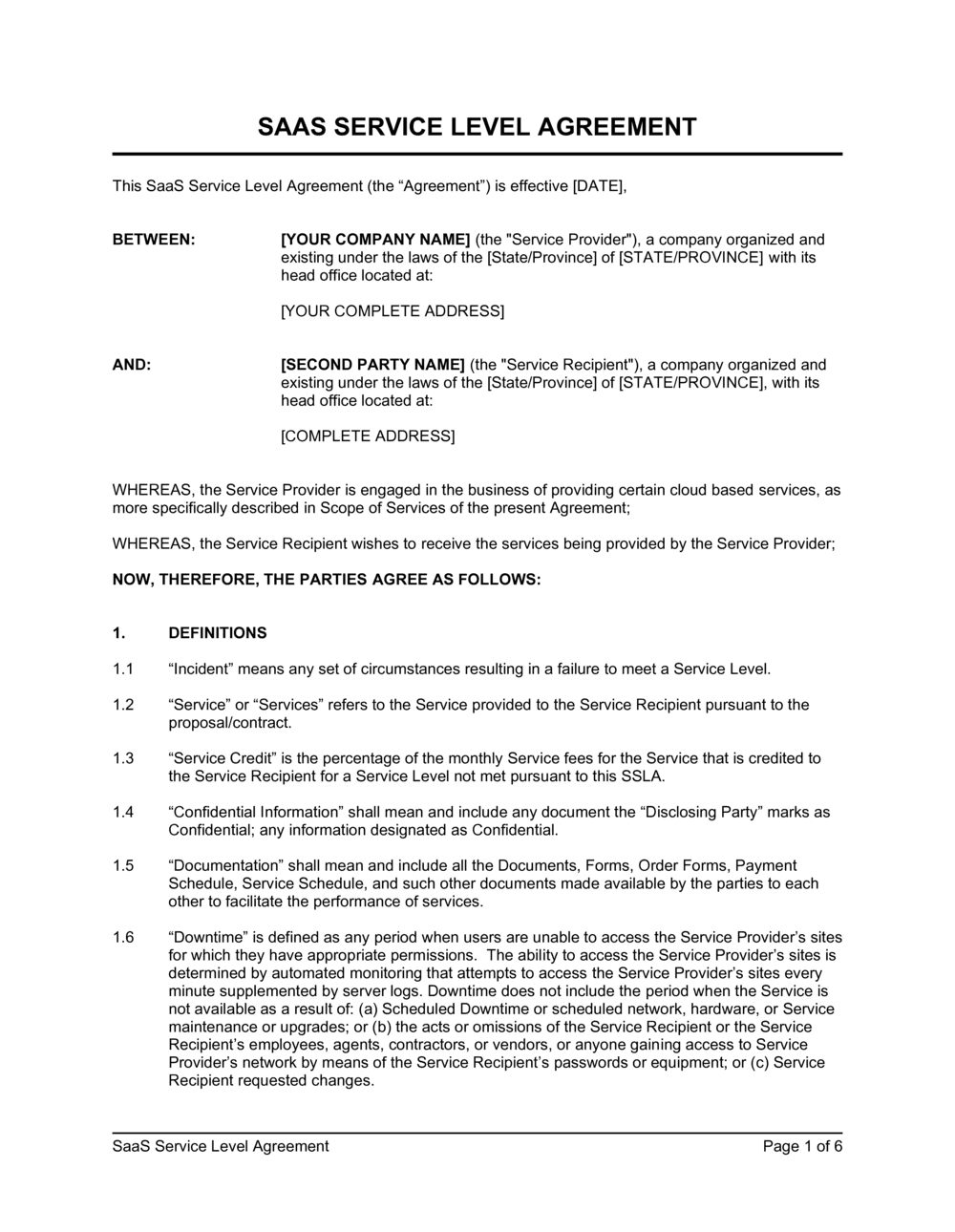 SaaS Service Level Agreement Template