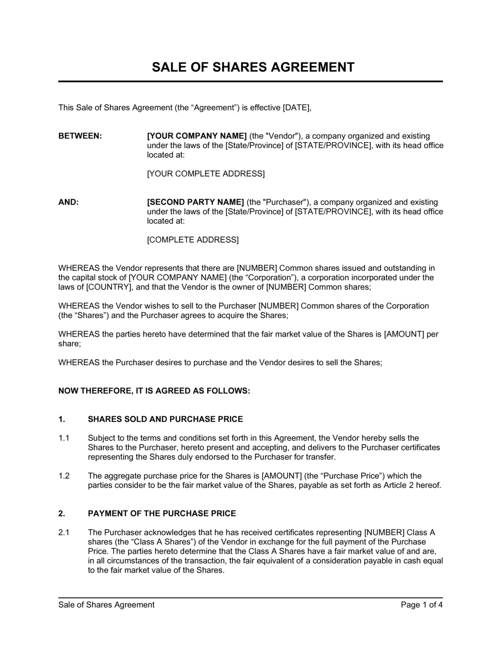 Sale Of Shares Agreement Template