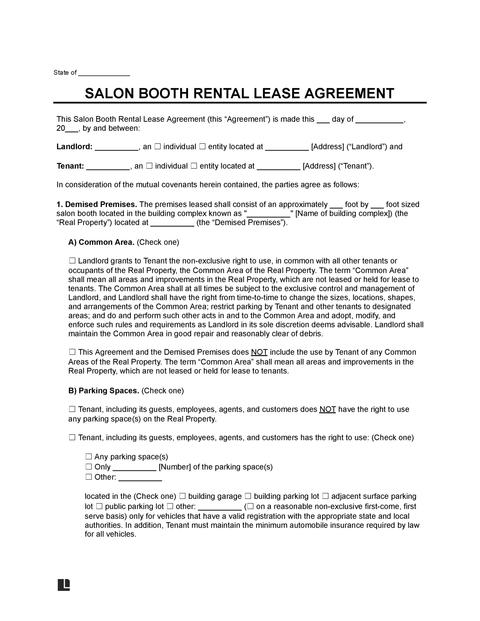 For Rent Paper Salon Booth Rental Lease Agreement Template