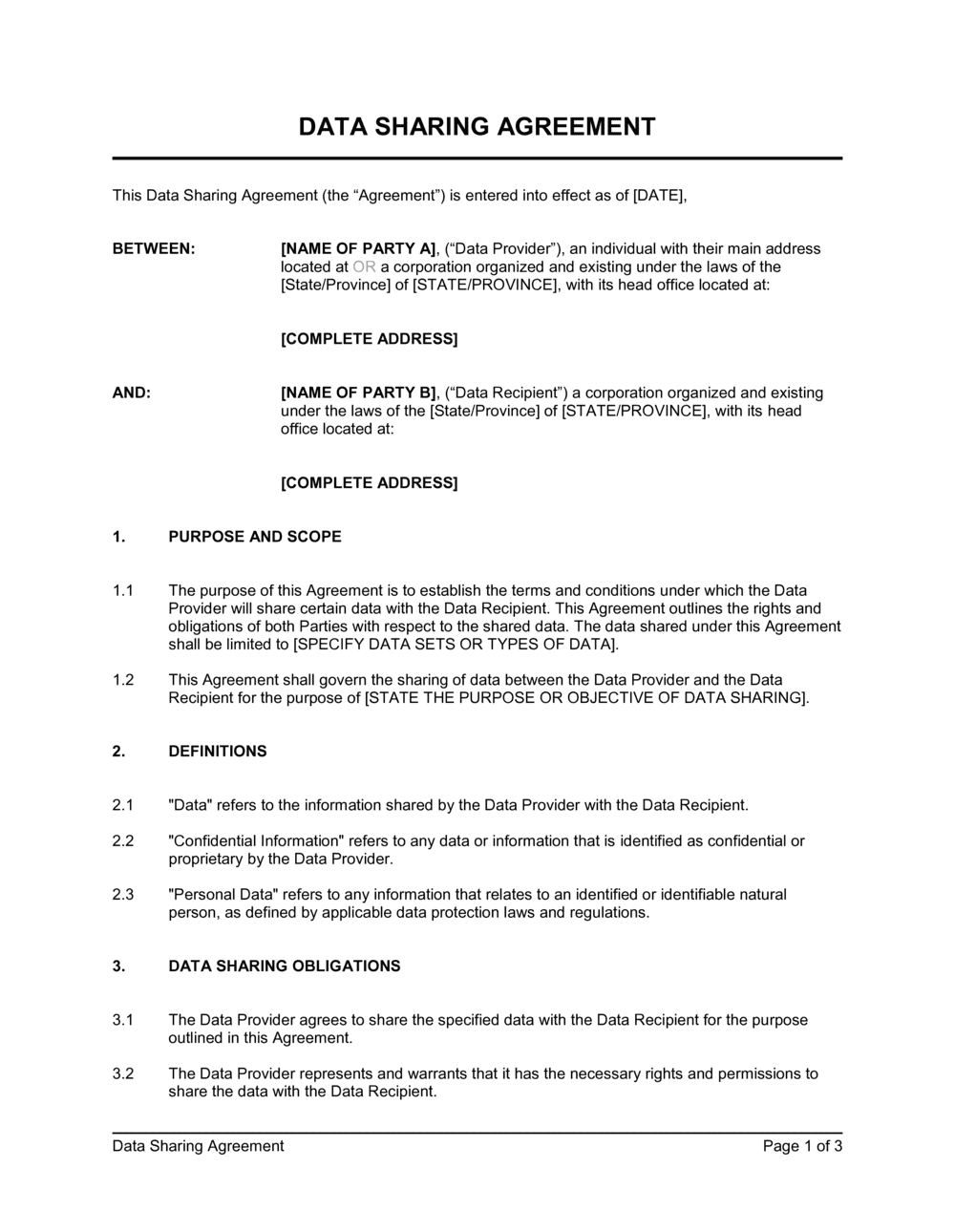 Sample Data Sharing Agreement Template