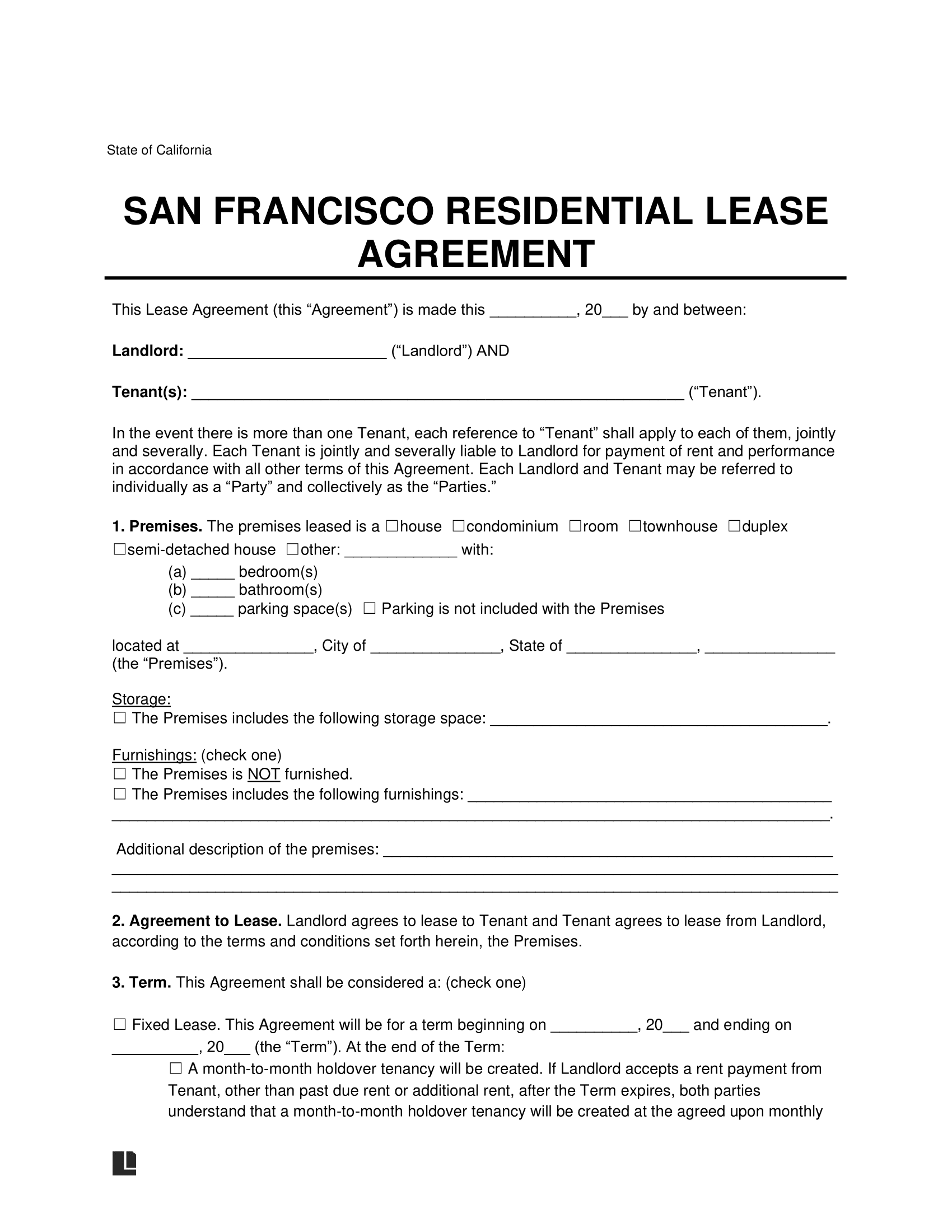 san francisco rental agreement template