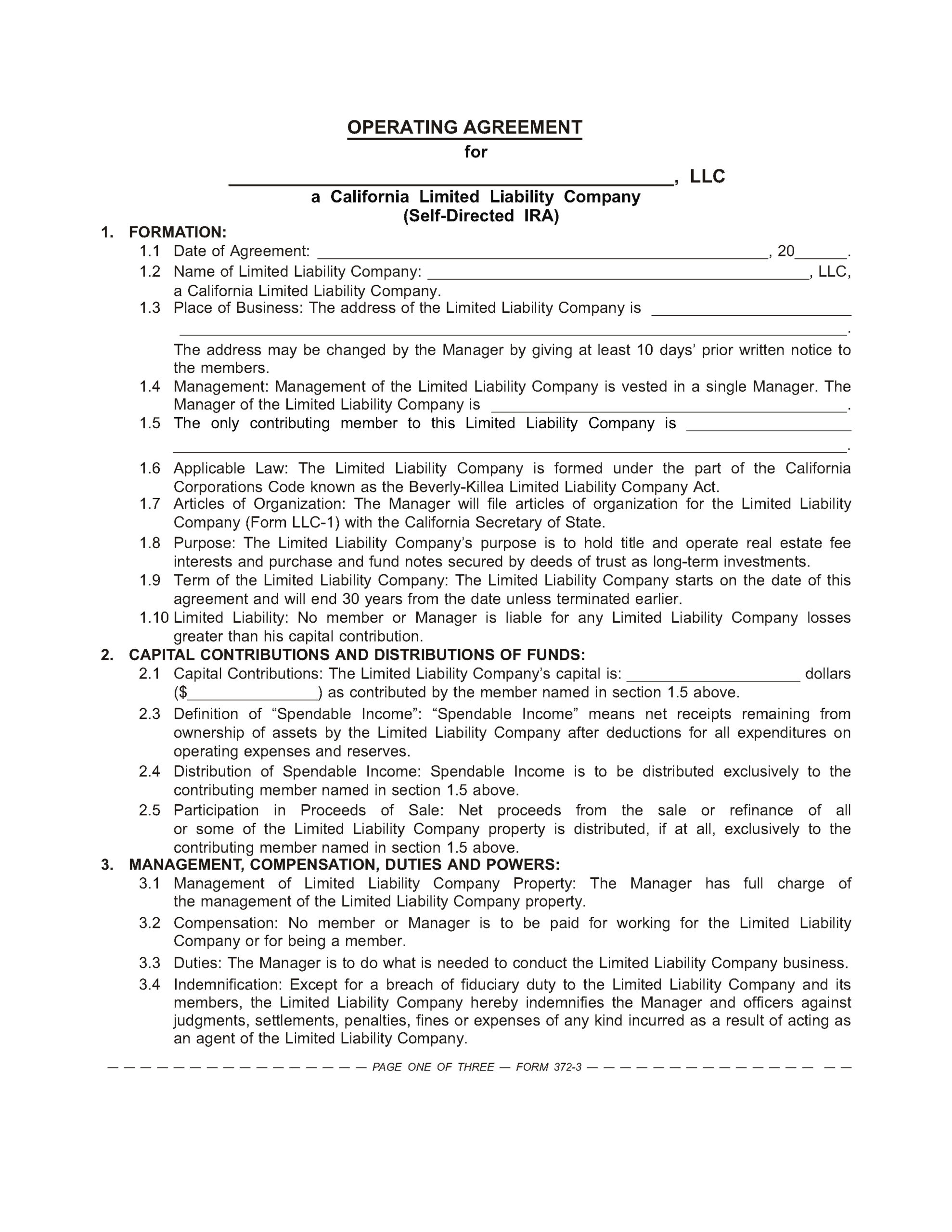 Self Directed IRA LLC Operating Agreement Template