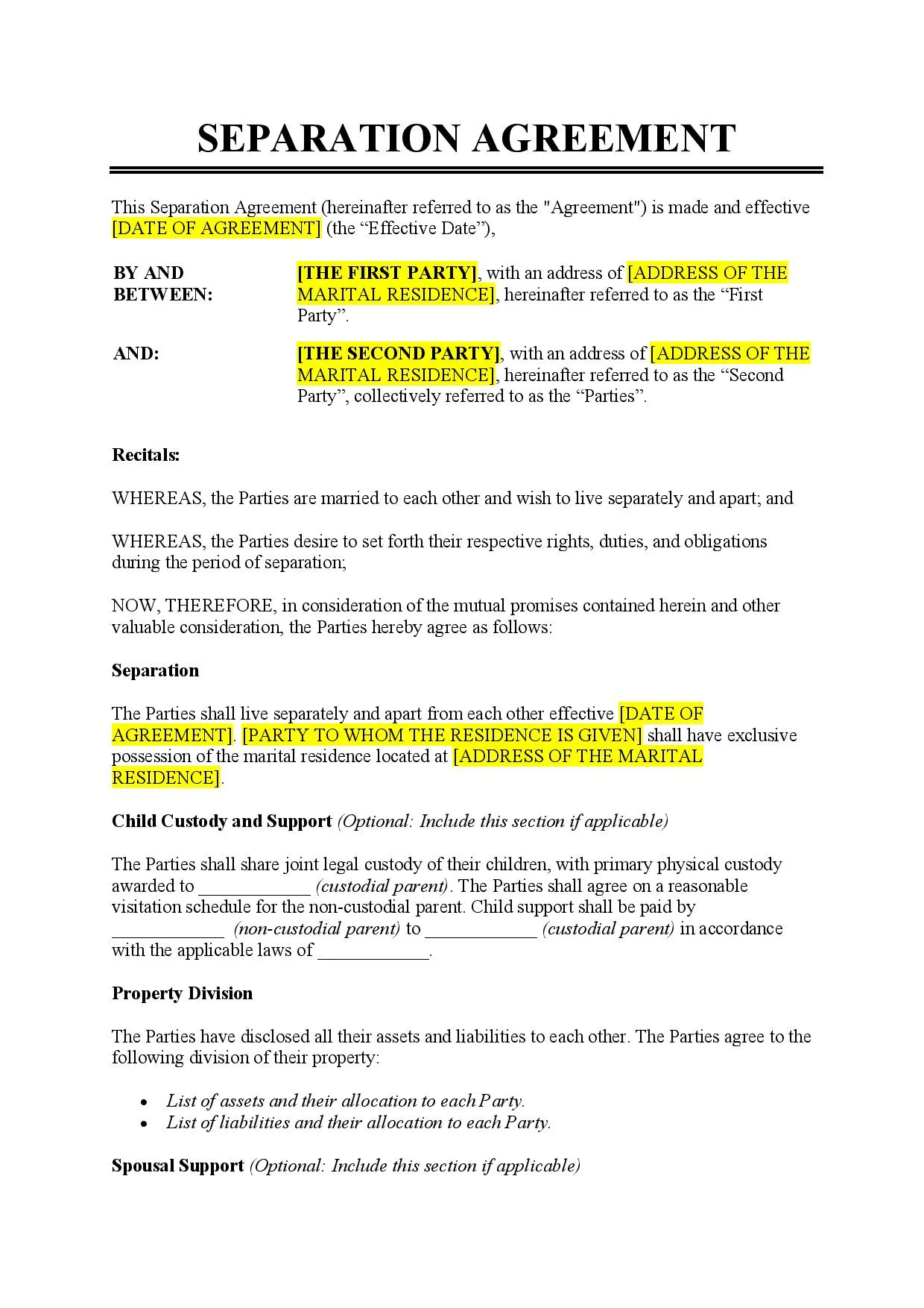 Separation Agreement Template BC Canada