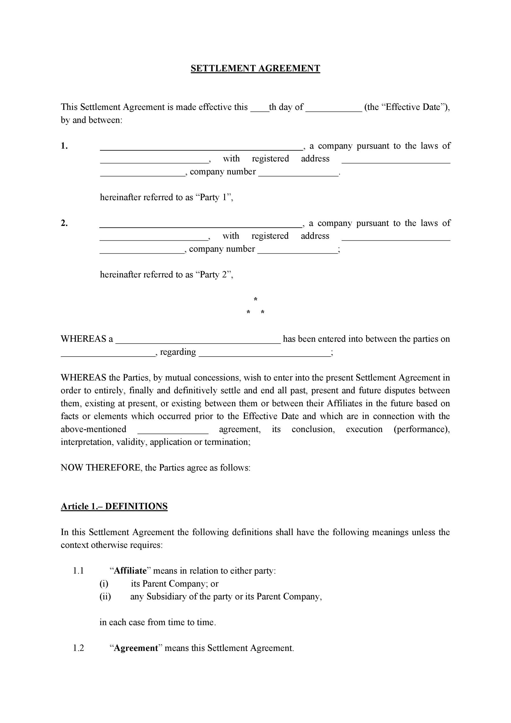 Settlement Agreement Template Between Two Parties