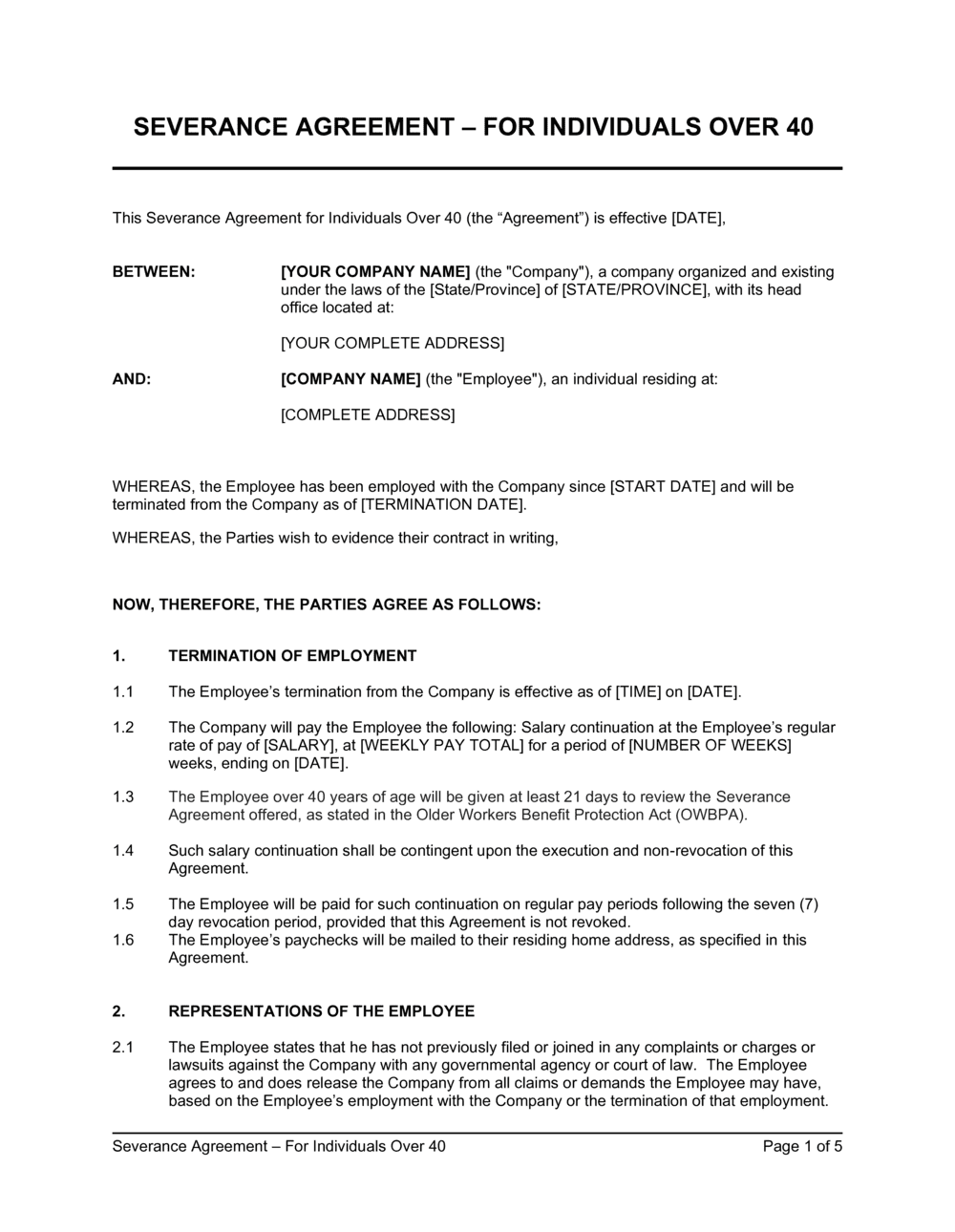 Severance Agreement Template Under 40