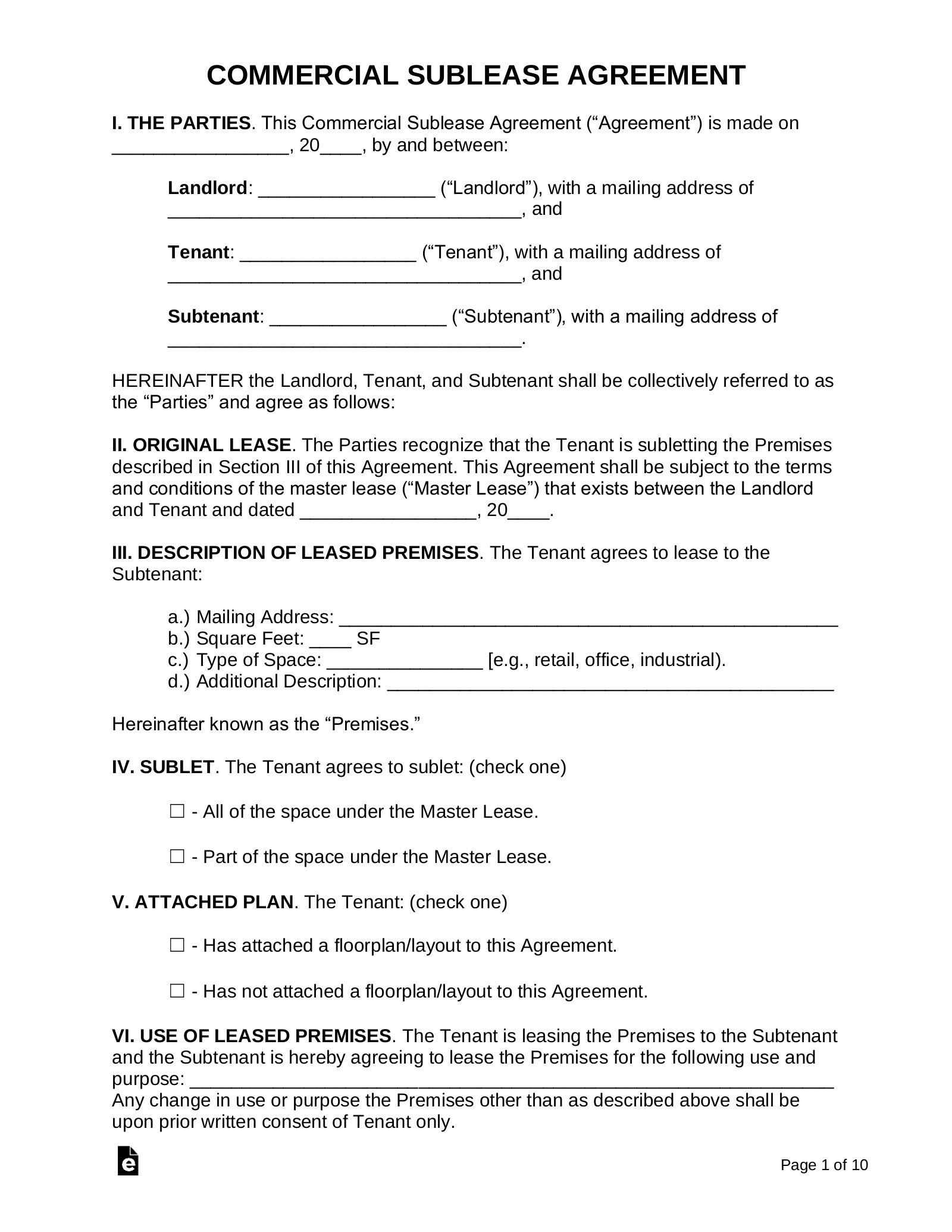 Simple Commercial Sublease Agreement Template