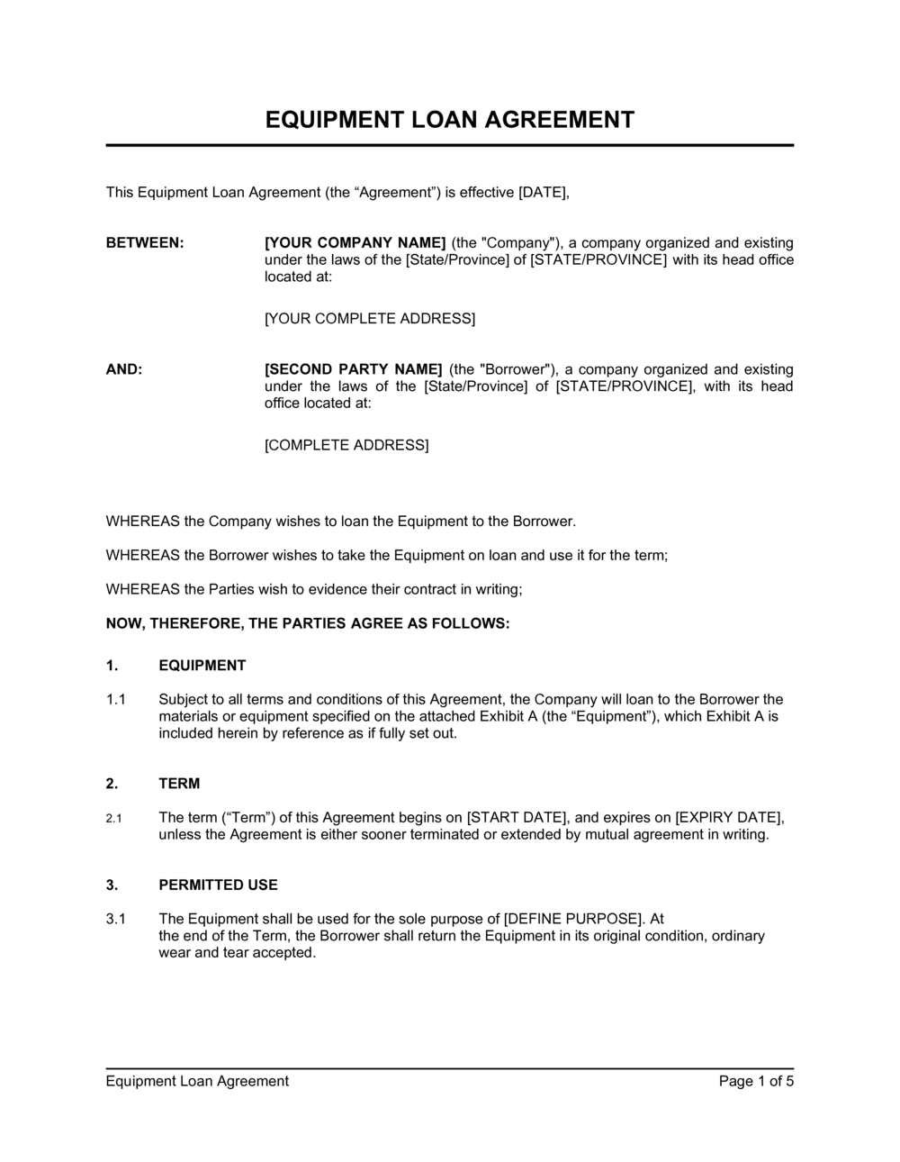 Simple Equipment Loan Agreement Template