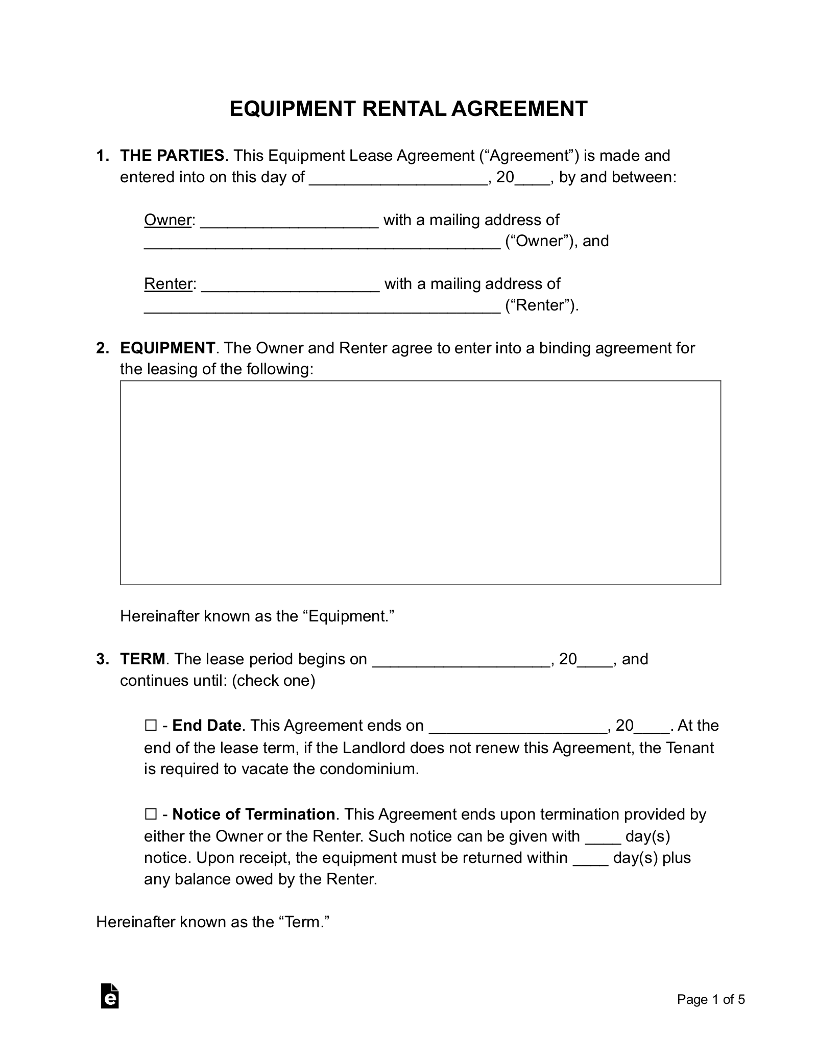 Simple Equipment Rental Agreement Template