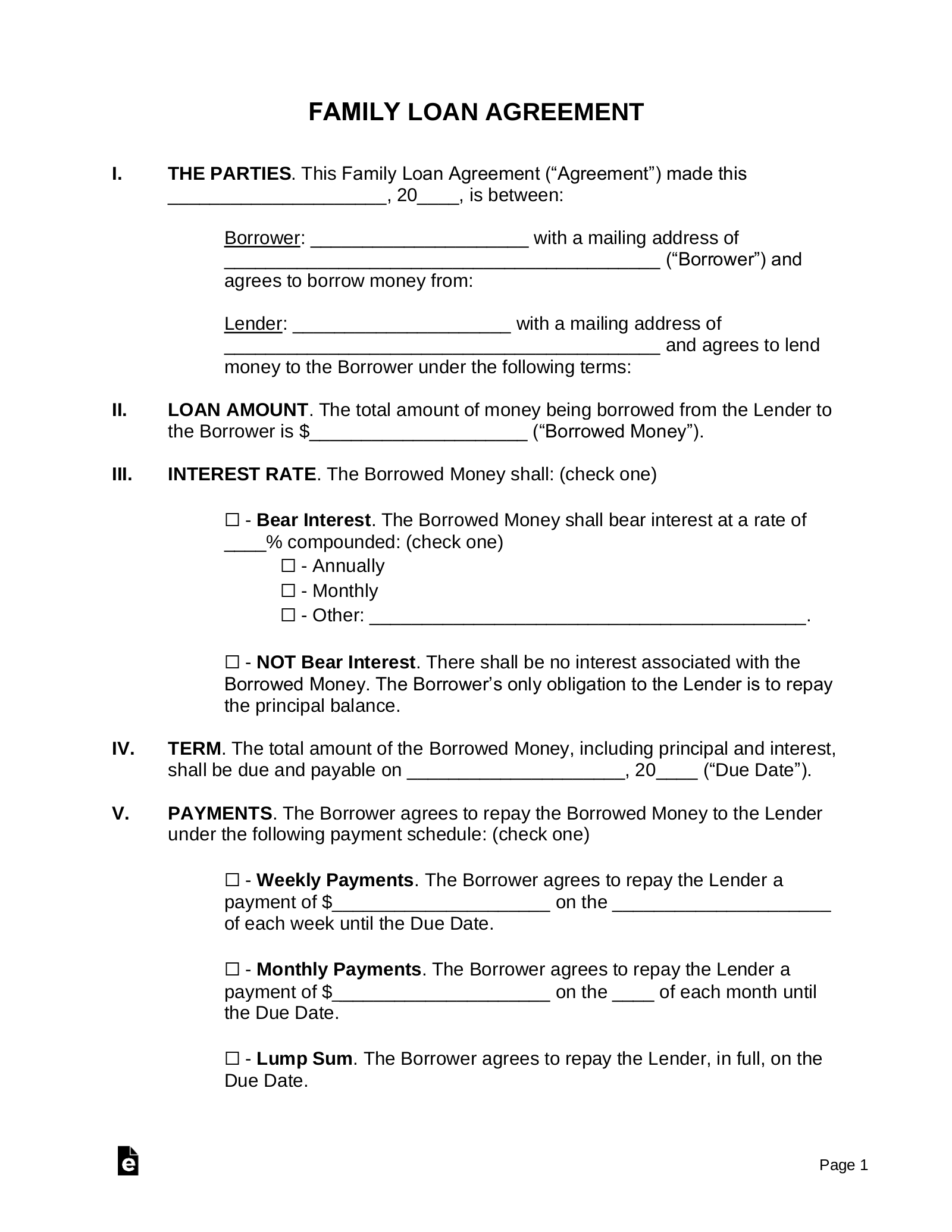 Simple Family Loan Agreement Template
