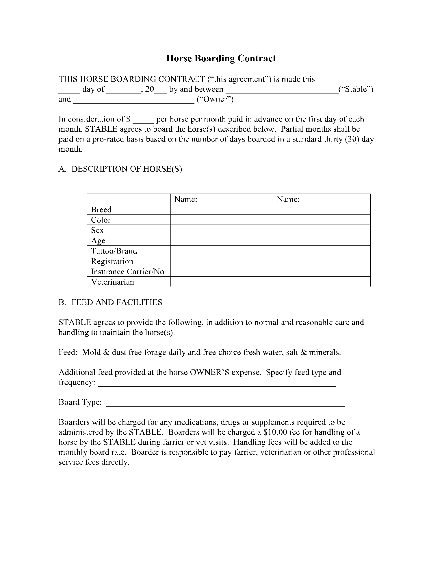 Simple Horse Boarding Agreement Template